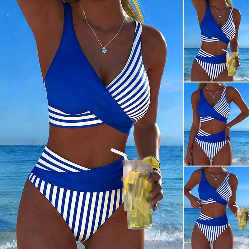 Zweiteiliger, farbenfroher Bikini mit Blöcken und Streifen