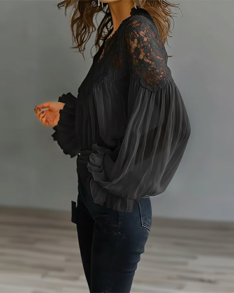 Damen V-Ausschnitt Bluse mit Spitzen-Patchwork