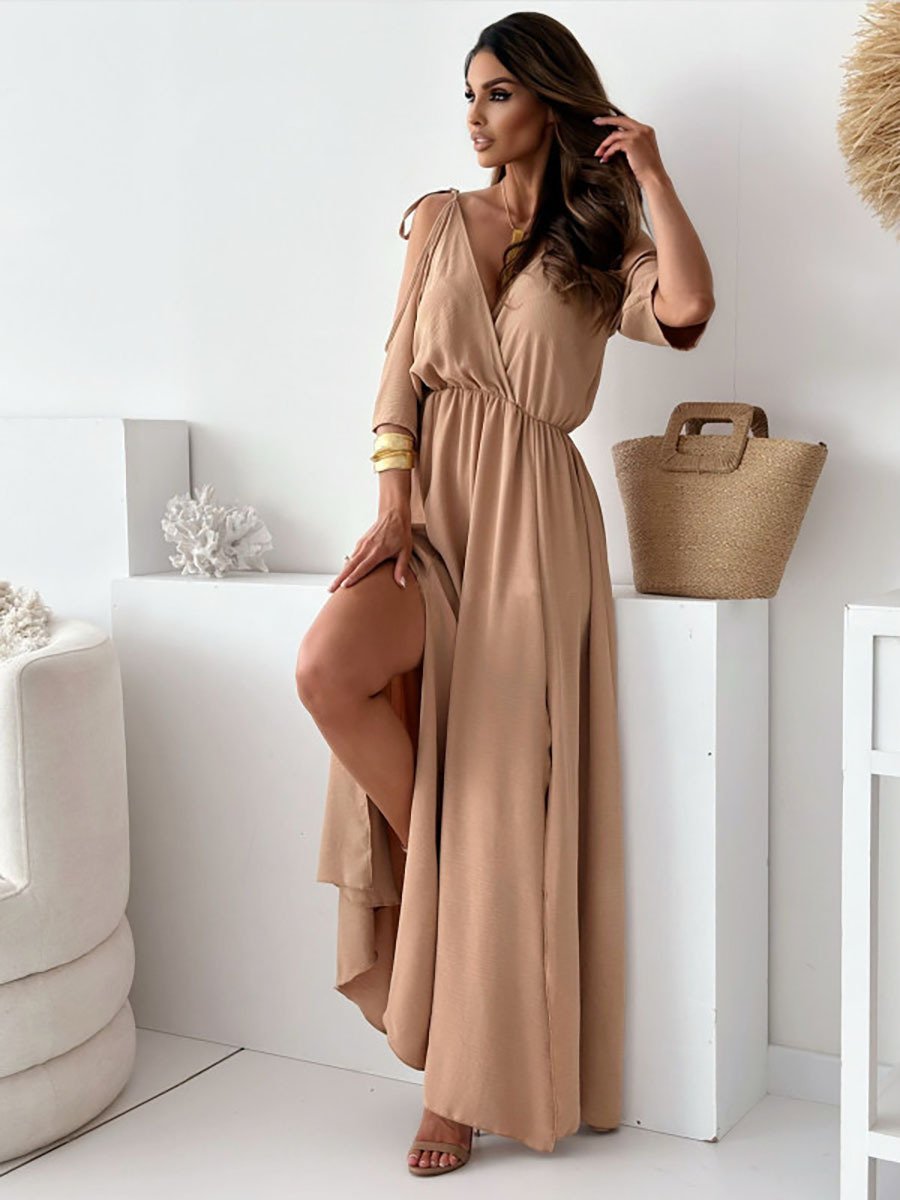 Elegantes Off-Shoulder-Kleid mit V-Ausschnitt und stilvollem Beinschlitz ✨