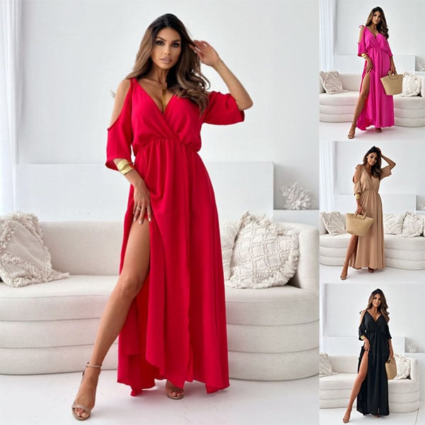 Elegantes Off-Shoulder-Kleid mit V-Ausschnitt und stilvollem Beinschlitz ✨