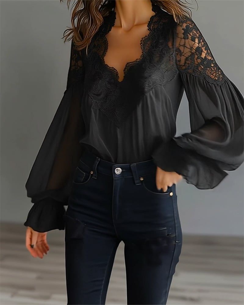 Damen V-Ausschnitt Bluse mit Spitzen-Patchwork