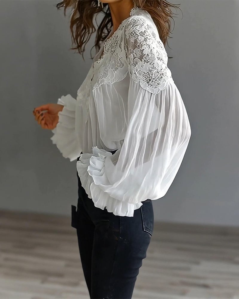 Damen V-Ausschnitt Bluse mit Spitzen-Patchwork
