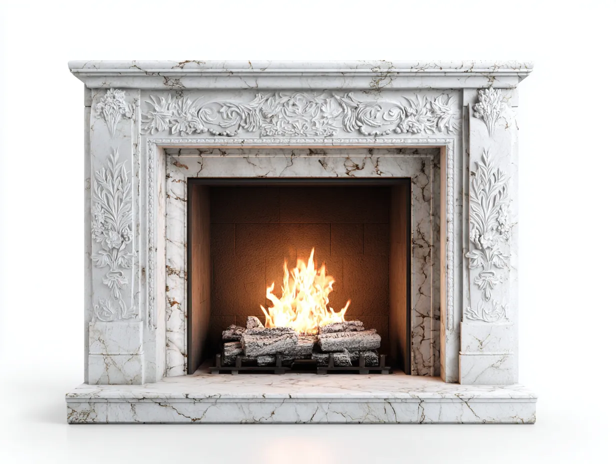 Kamin-Marmor-170x42x120 cm-Weiß-Grau-Klassischer Ornamentstil-Dolenlystudio