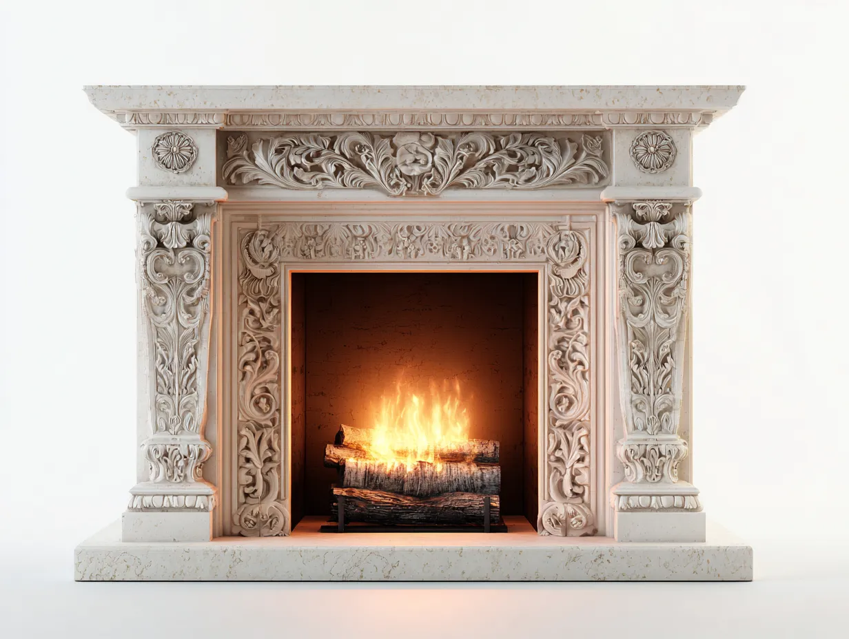 Kamin-Marmor-192x50x140 cm-Weiß-Beige-Klassischer Barockstil-Dolenlystudio