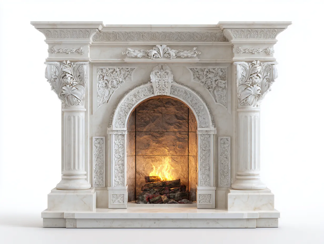 Kamin-Marmor-186x48x138 cm-Weiß-Cremé-Klassischer Barockstil-Dolenlystudio