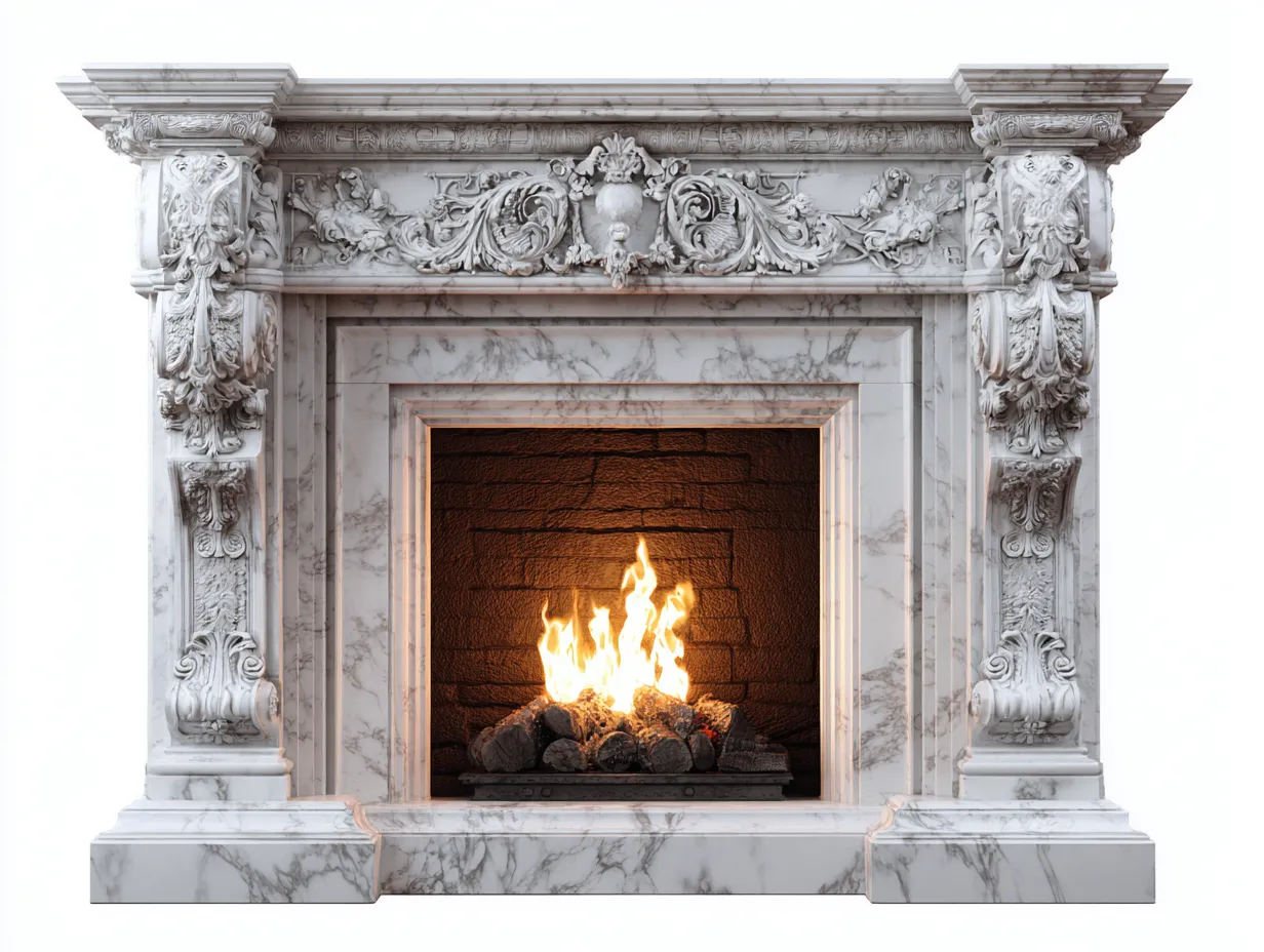 Kamin-Marmor-168x42x128 cm-Weiß-Grau-Klassischer Barockstil-Dolenlystudio