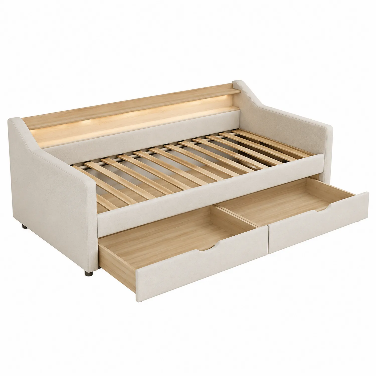 Diván cama de madera y tela beige con cajones-Cleavillaaeu