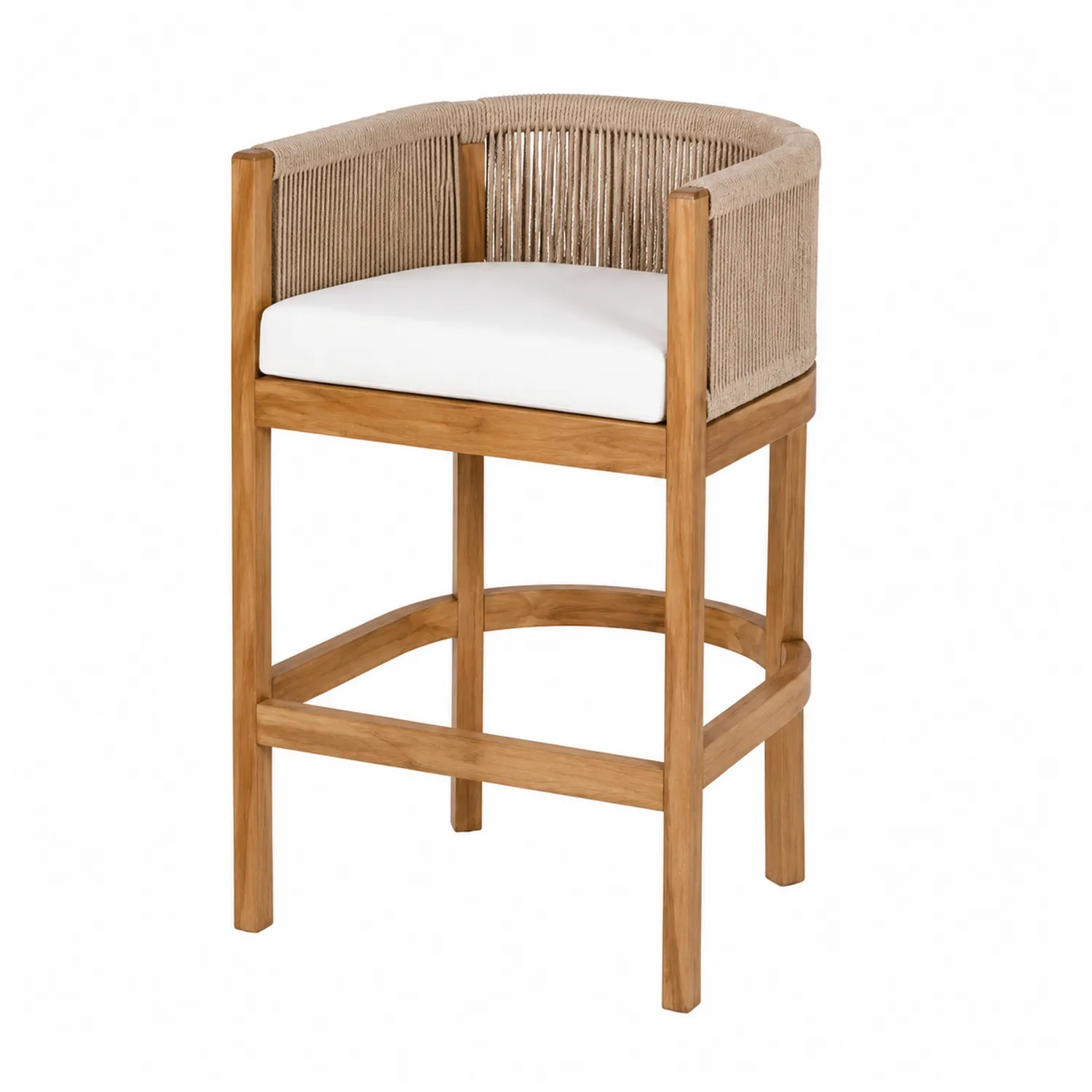 Silla de Bar de Madera de Teca con Respaldo de Cuerda y Cojín Blanco-Cleavillaaeu