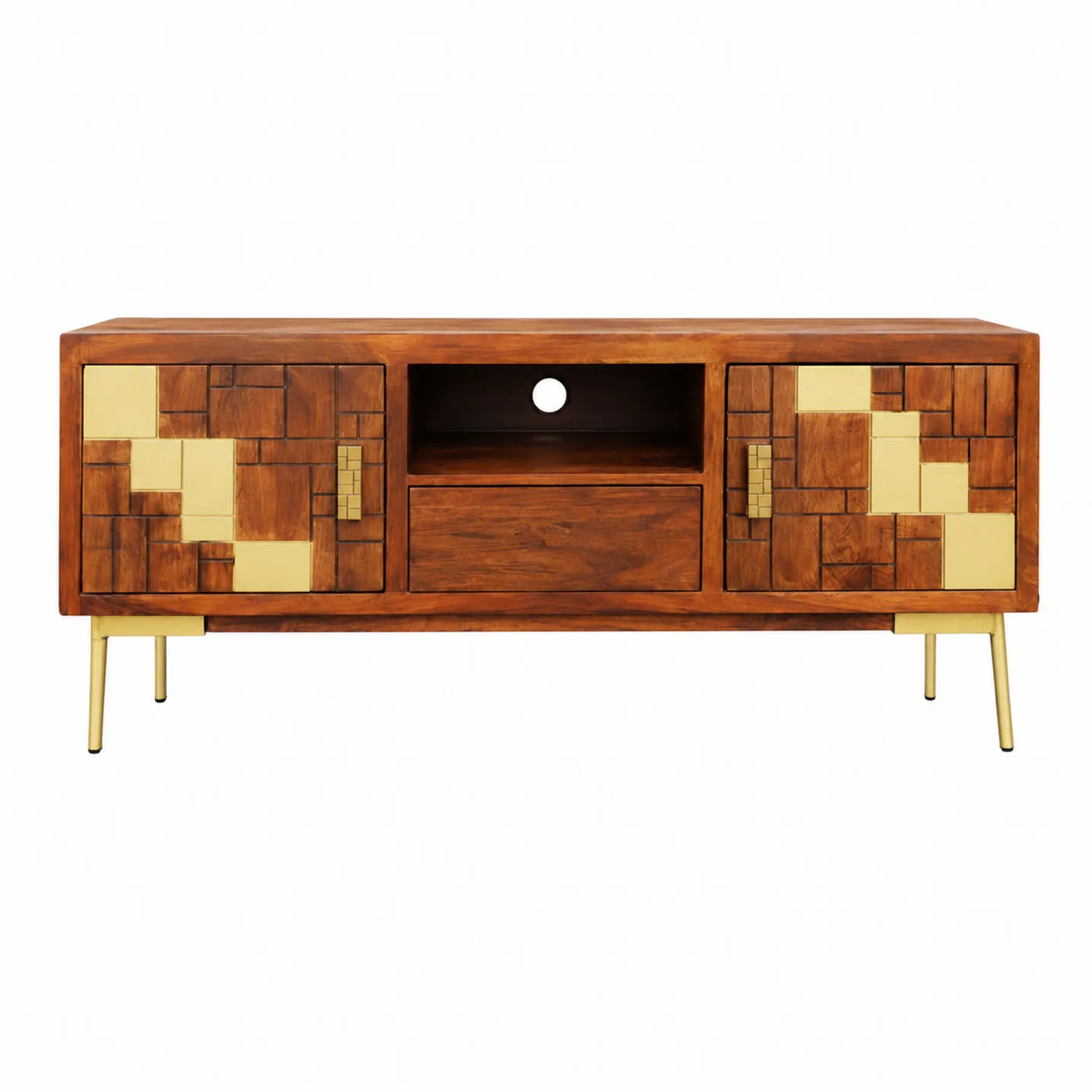 Mueble de TV de Madera con Puertas Decoradas y Patas Metálicas 140x35x50 cm-Cleavillaaeu
