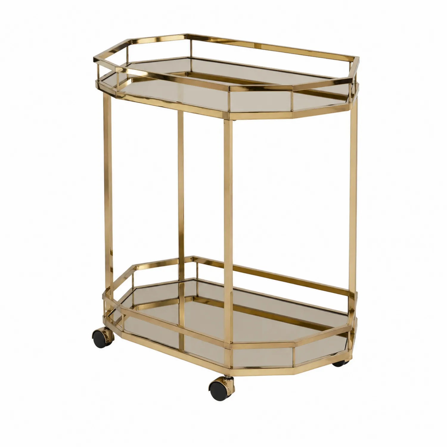 Carrito de bar de metal dorado con estantes de vidrio templado-Cleavillaaeu