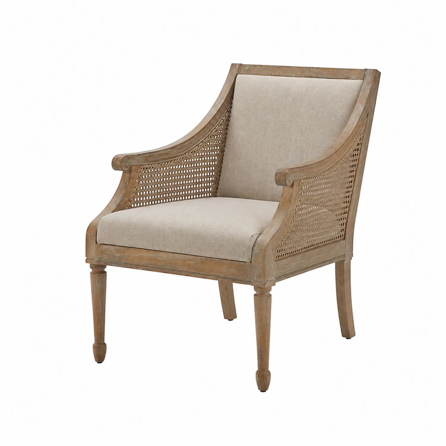 Sillón de Madera y Ratán con Tapicería de Lino Beige-Cleavillaaeu