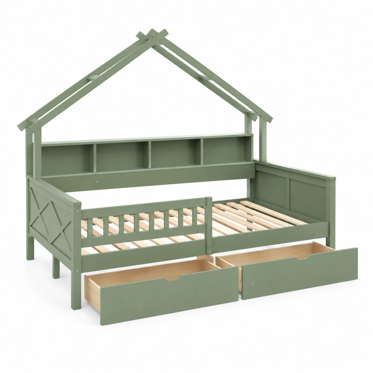 Cama individual de madera verde con forma de casa y cajones-Cleavillaaeu