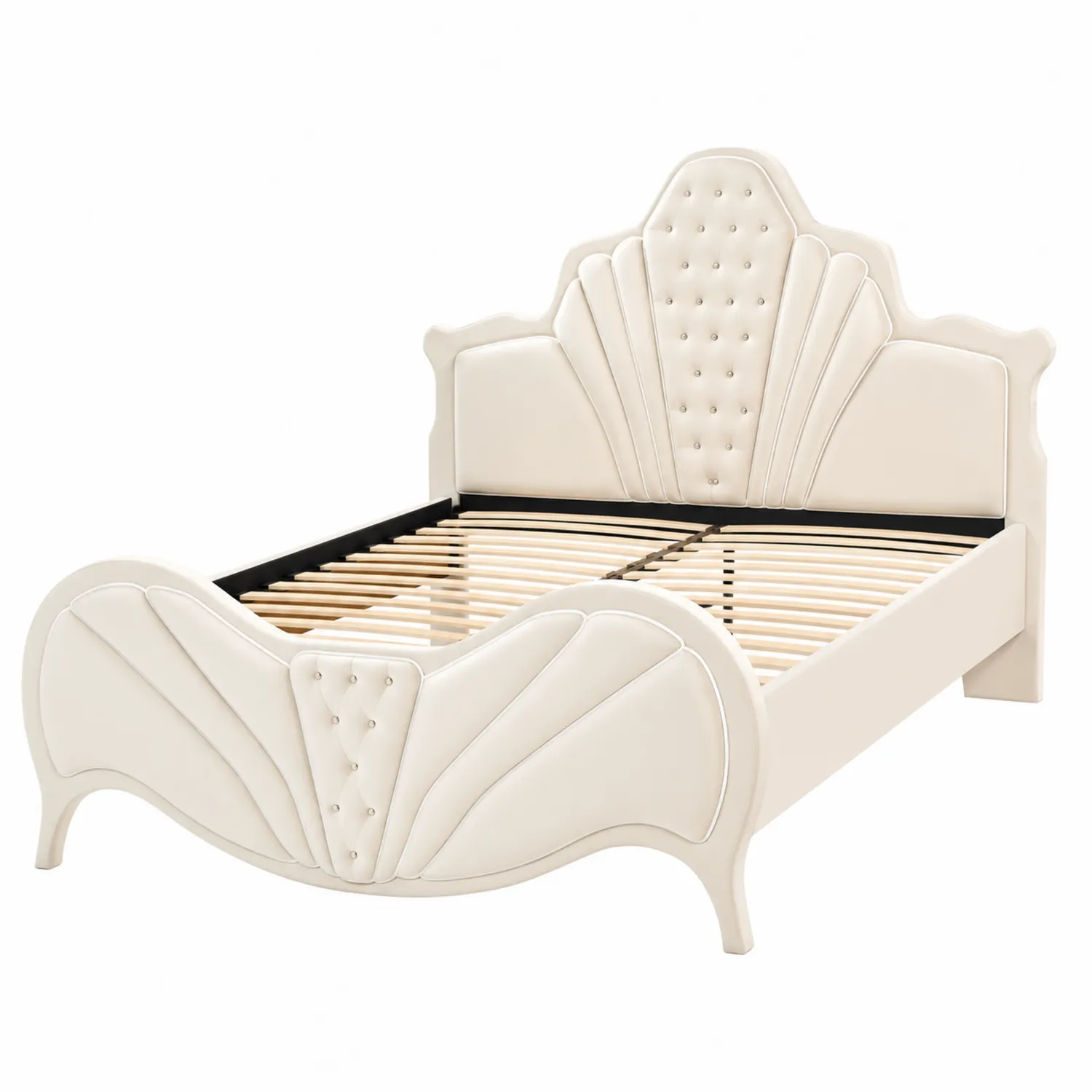 Cama doble de cuero sintético beige con estructura de madera 200x150 cm-Cleavillaaeu