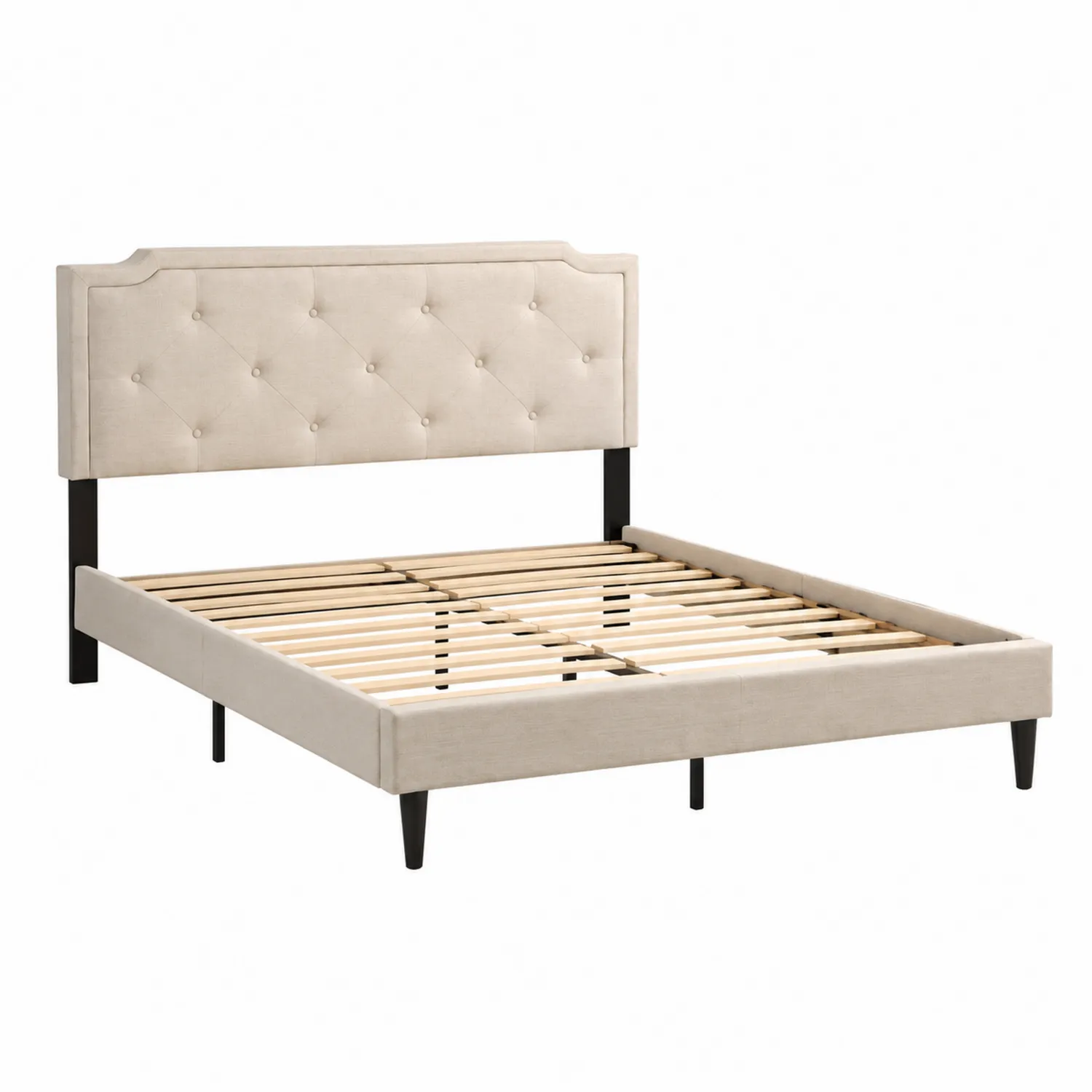 Cama doble de poliéster beige con cabecero acolchado y patas de metal-Cleavillaaeu
