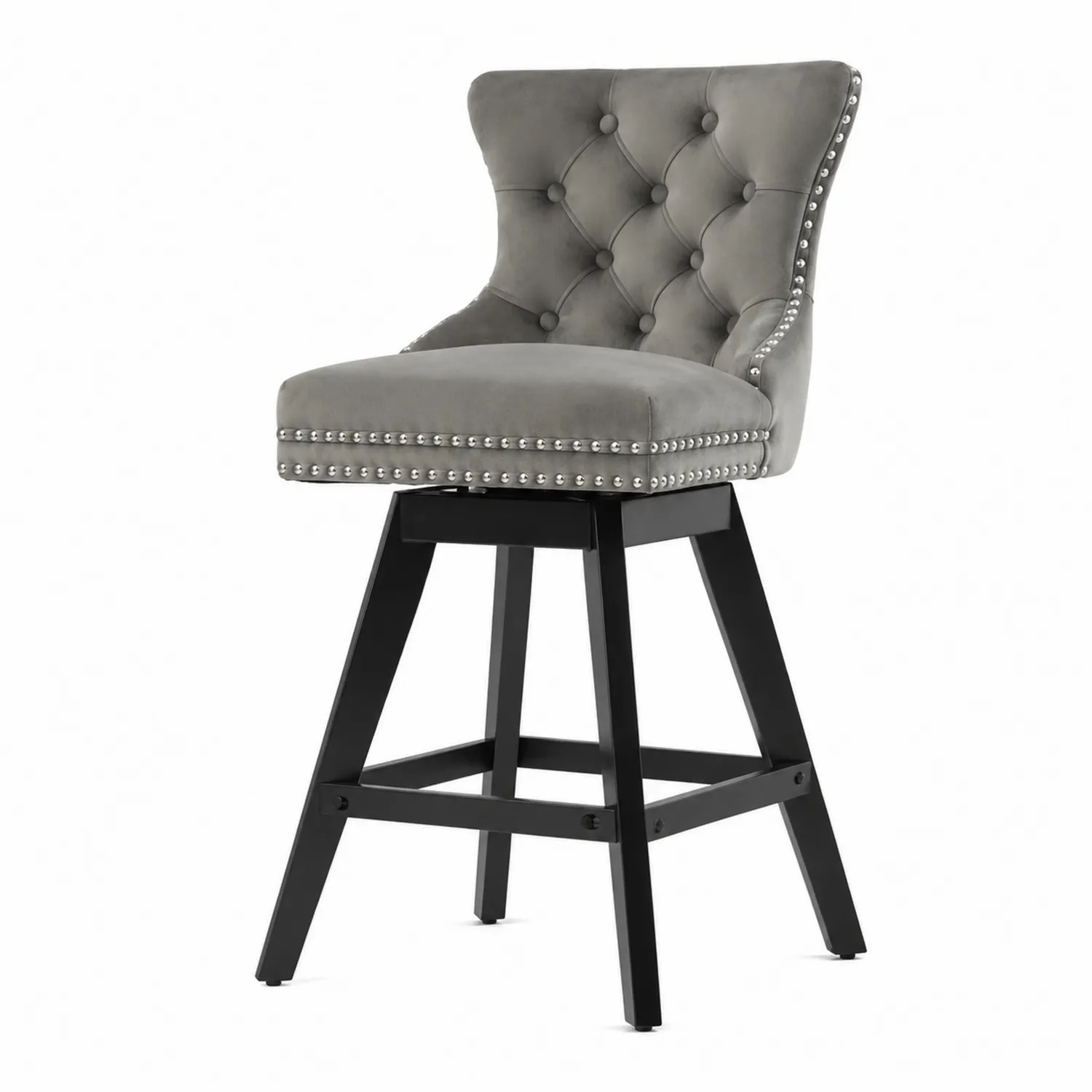 Taburete Giratorio de Terciopelo Gris con Patas de Madera-Cleavillaaeu
