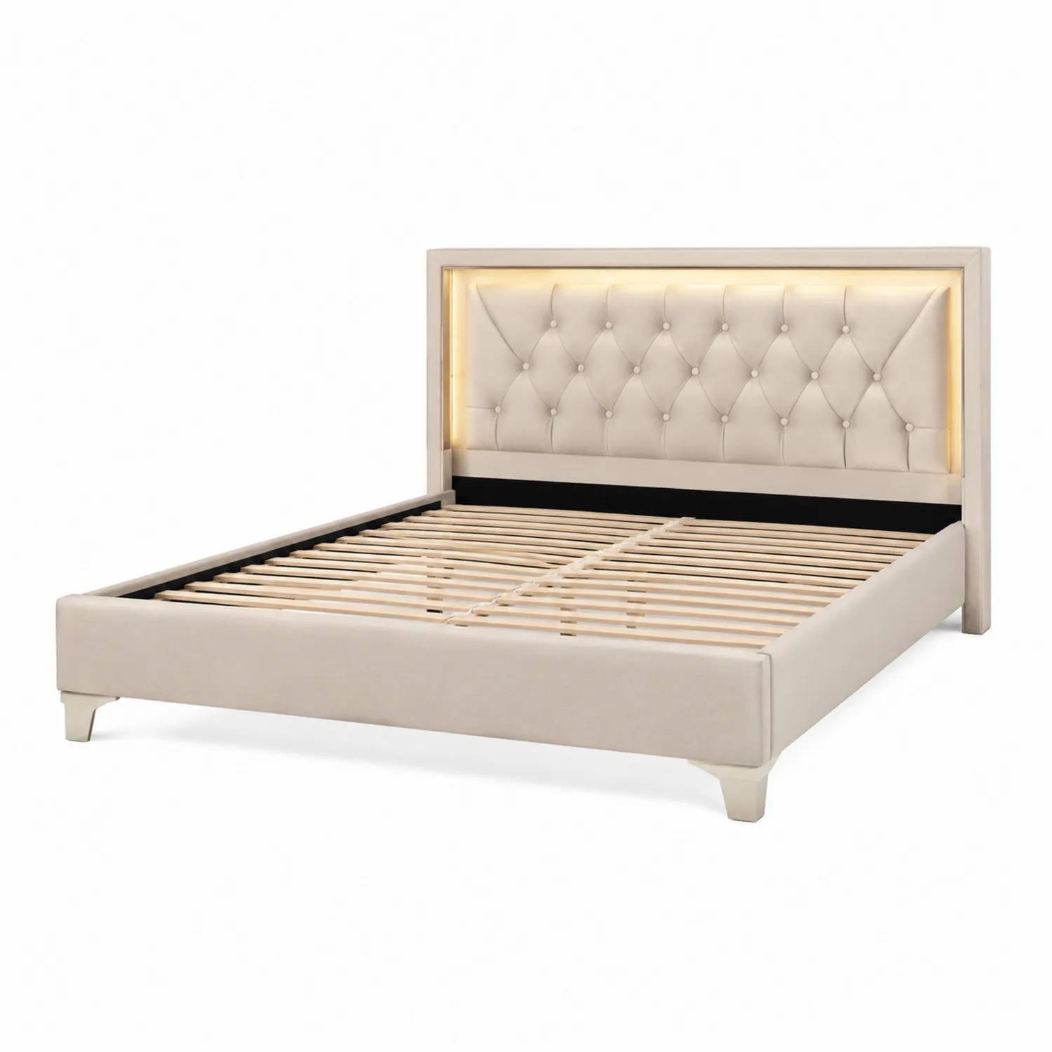 Cama doble tapizada en poliéster Beige con cabecera capitoné y luces LED, 200x160 cm-Cleavillaaeu