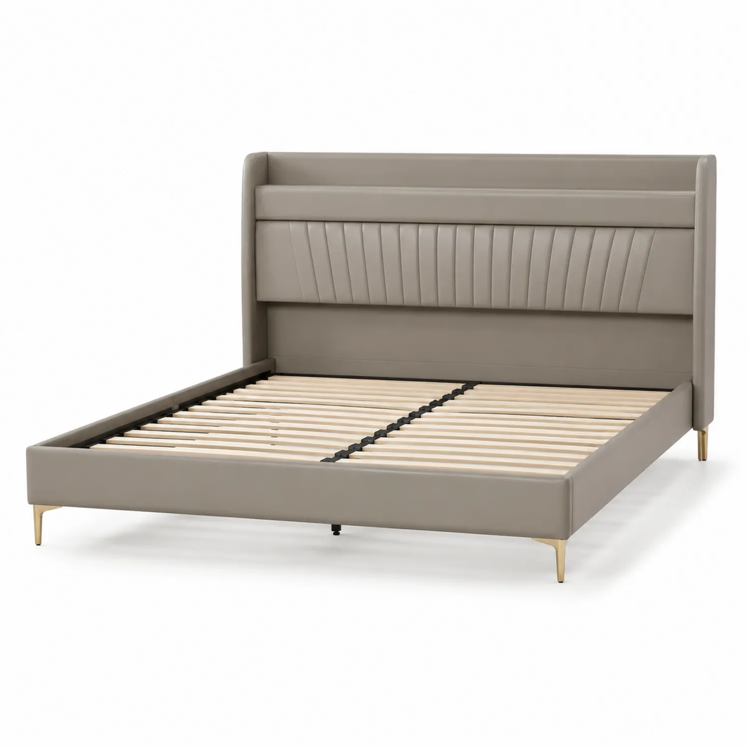 Cama de panel con cabecero de cuero sintético gris y patas metálicas doradas 200x160 cm-Cleavillaaeu