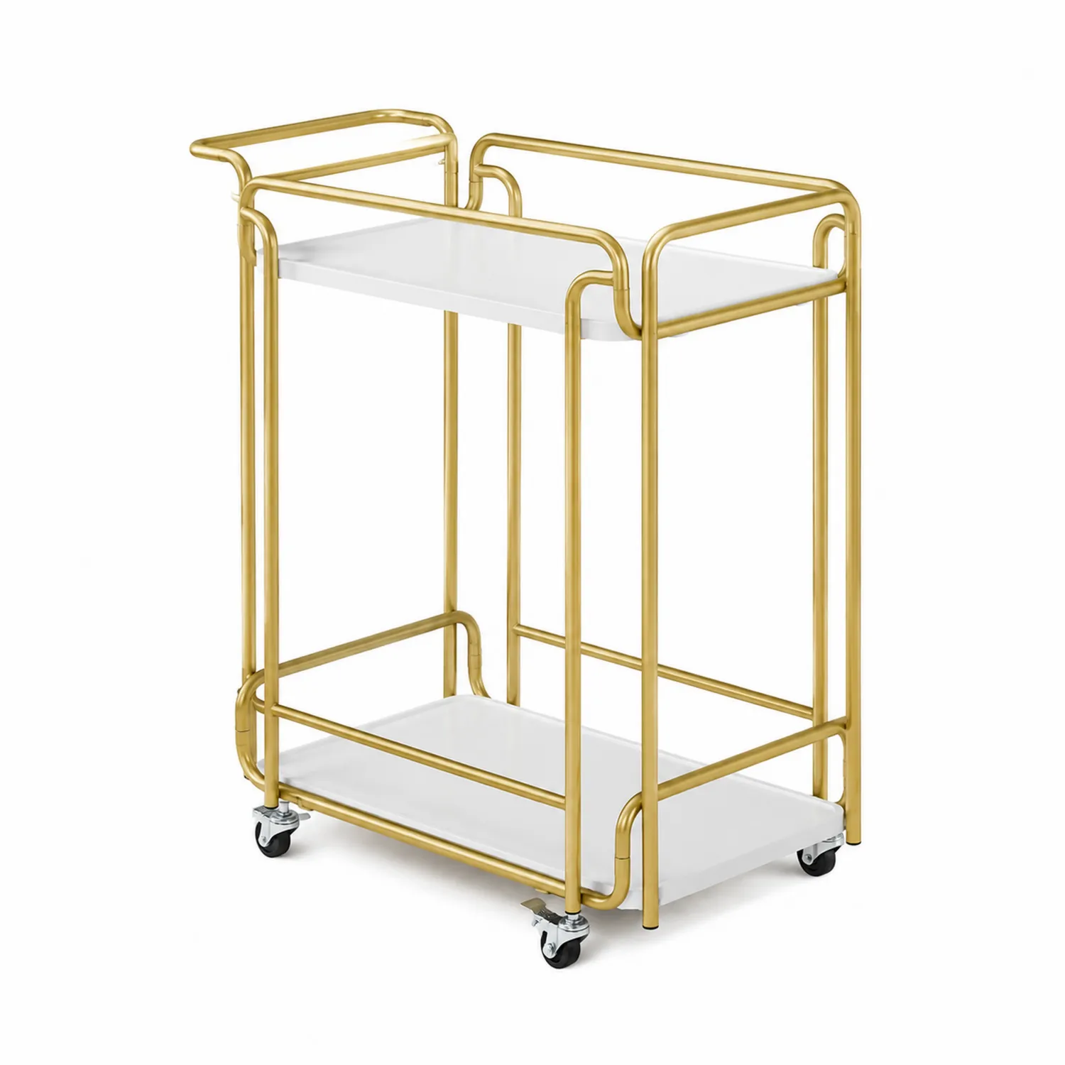Carro de servicio con estructura de metal dorado y estantes de MDF blanco-Cleavillaaeu