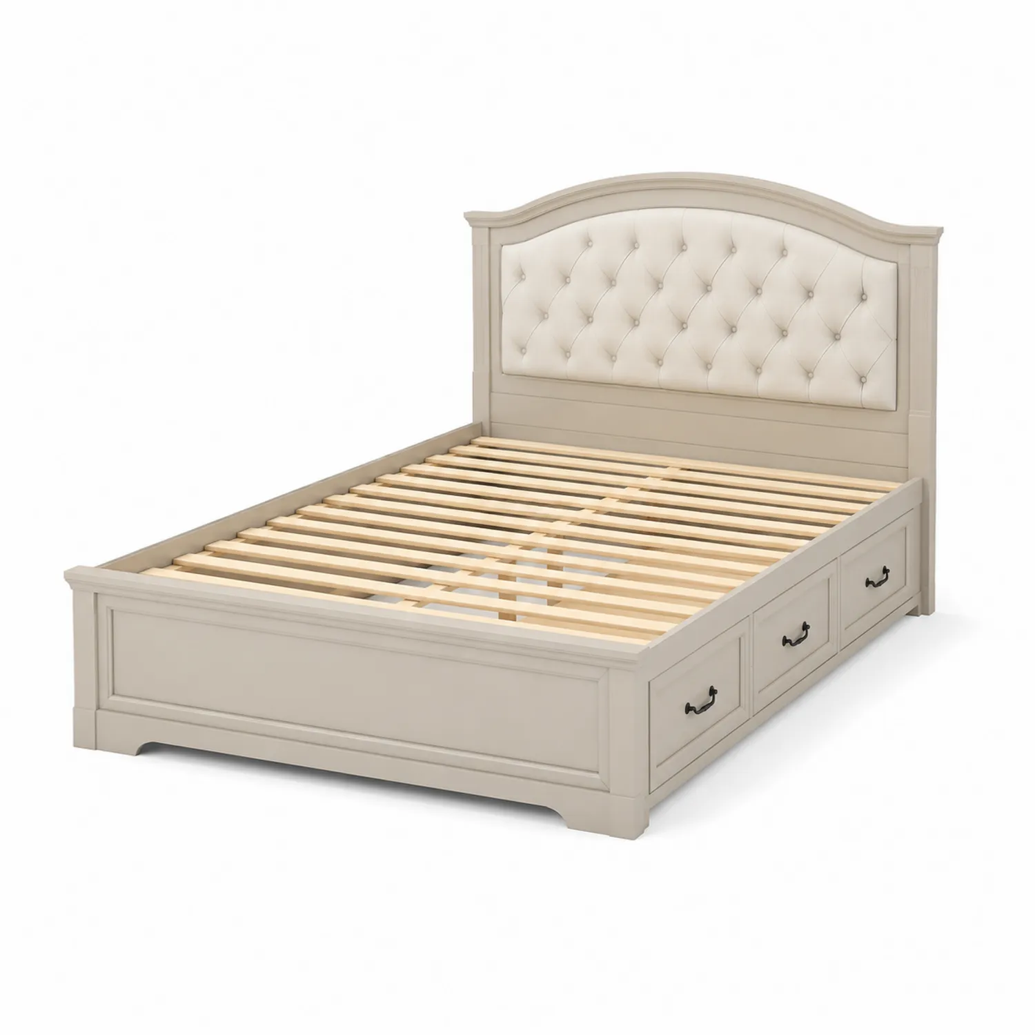 Cama doble de madera con cabecero tapizado y cajones Beige-Cleavillaaeu