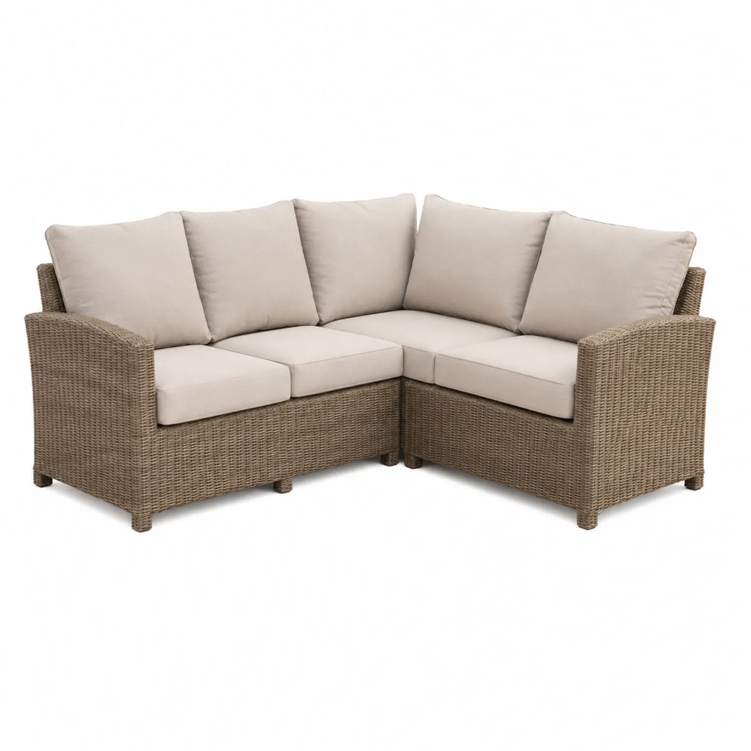 Sofá seccional de ratán sintético marrón con cojines beige-Cleavillaaeu