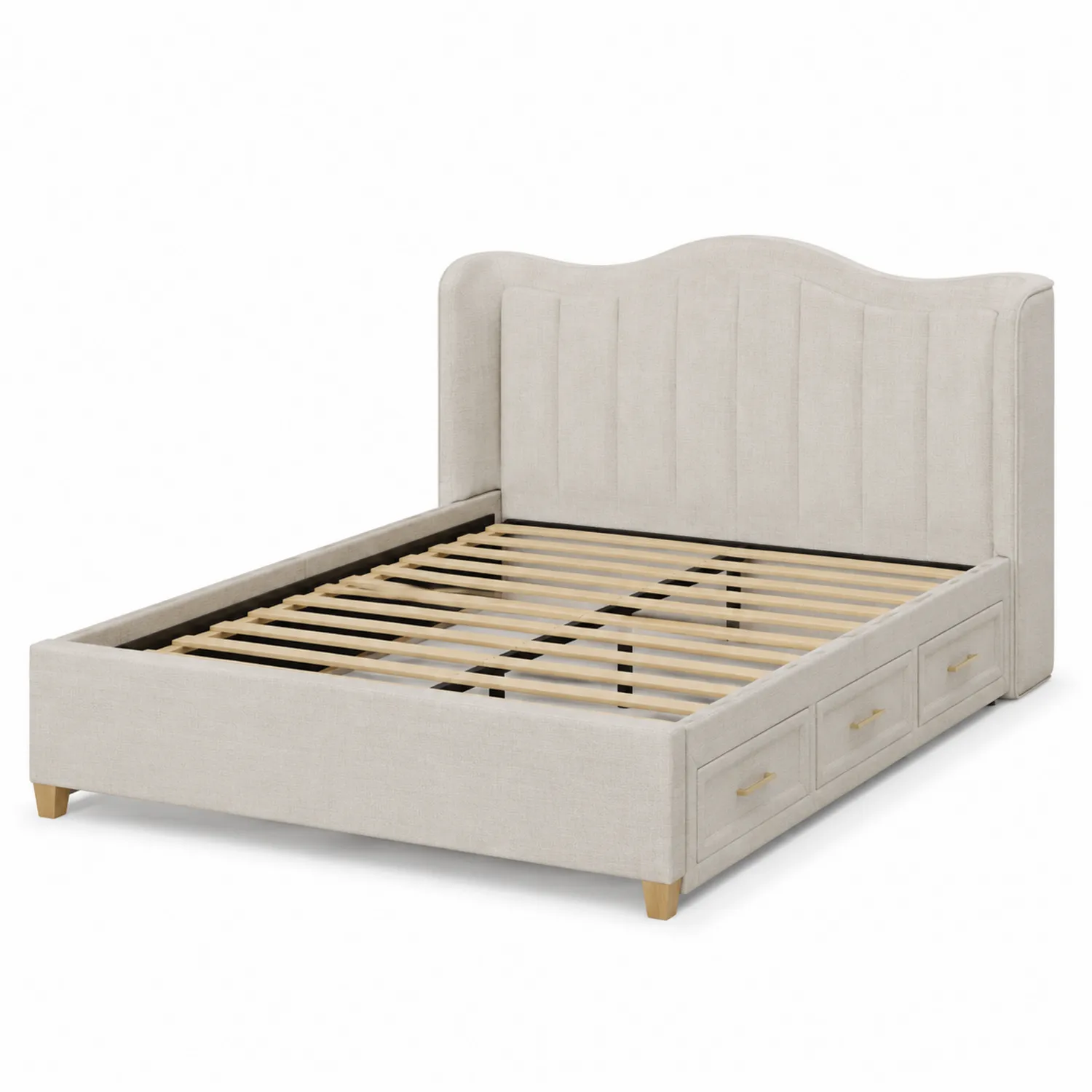 Cama de Tela Beige con Almacenamiento y Cabecero Curvado 200x160 cm-Cleavillaaeu