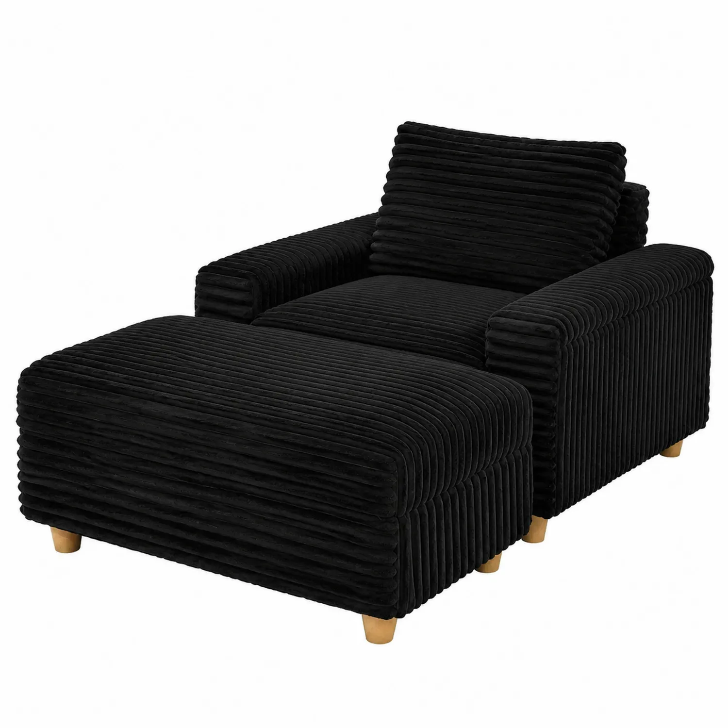 Sofá de pana negra con otomana y patas de madera, 150 cm-Cleavillaaeu