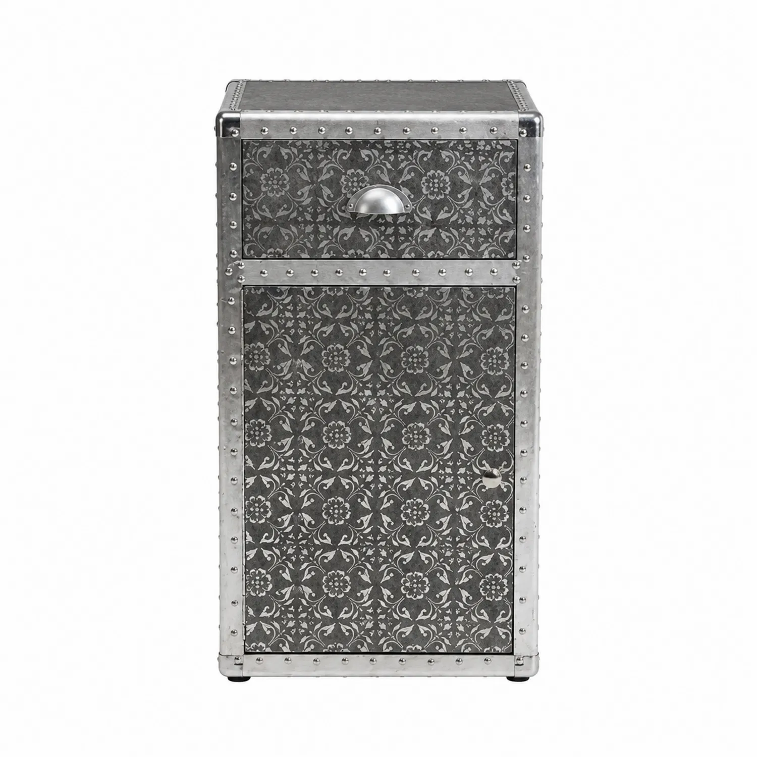 Cajonera de metal con grabado floral plata 60x35x90cm-Cleavillaaeu