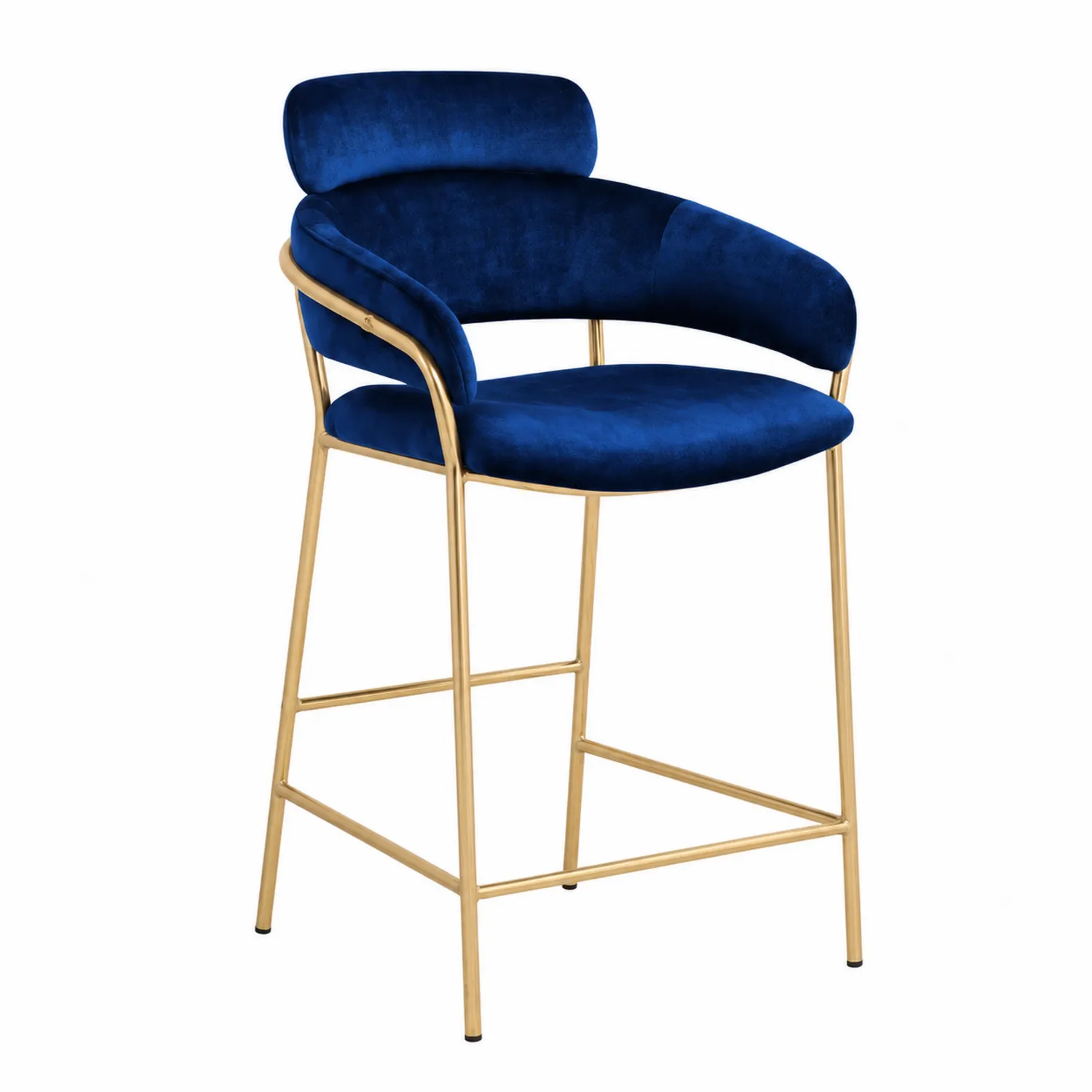 Taburete de bar con estructura metálica y asiento de terciopelo azul-Cleavillaaeu