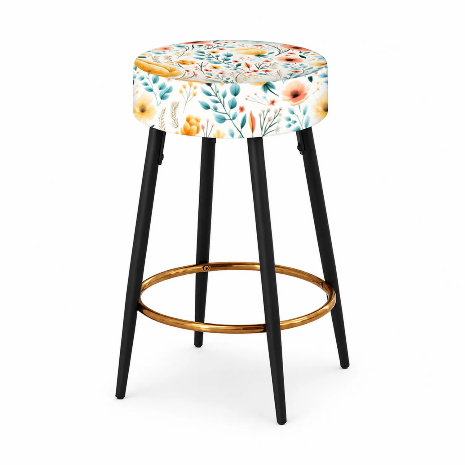 Taburete redondo con estampado floral multicolor patas de metal negras-Cleavillaaeu