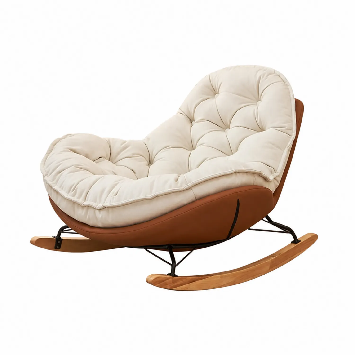 Mecedora de Lona y Cuero Sintético Beige con Base de Madera-Cleavillaaeu