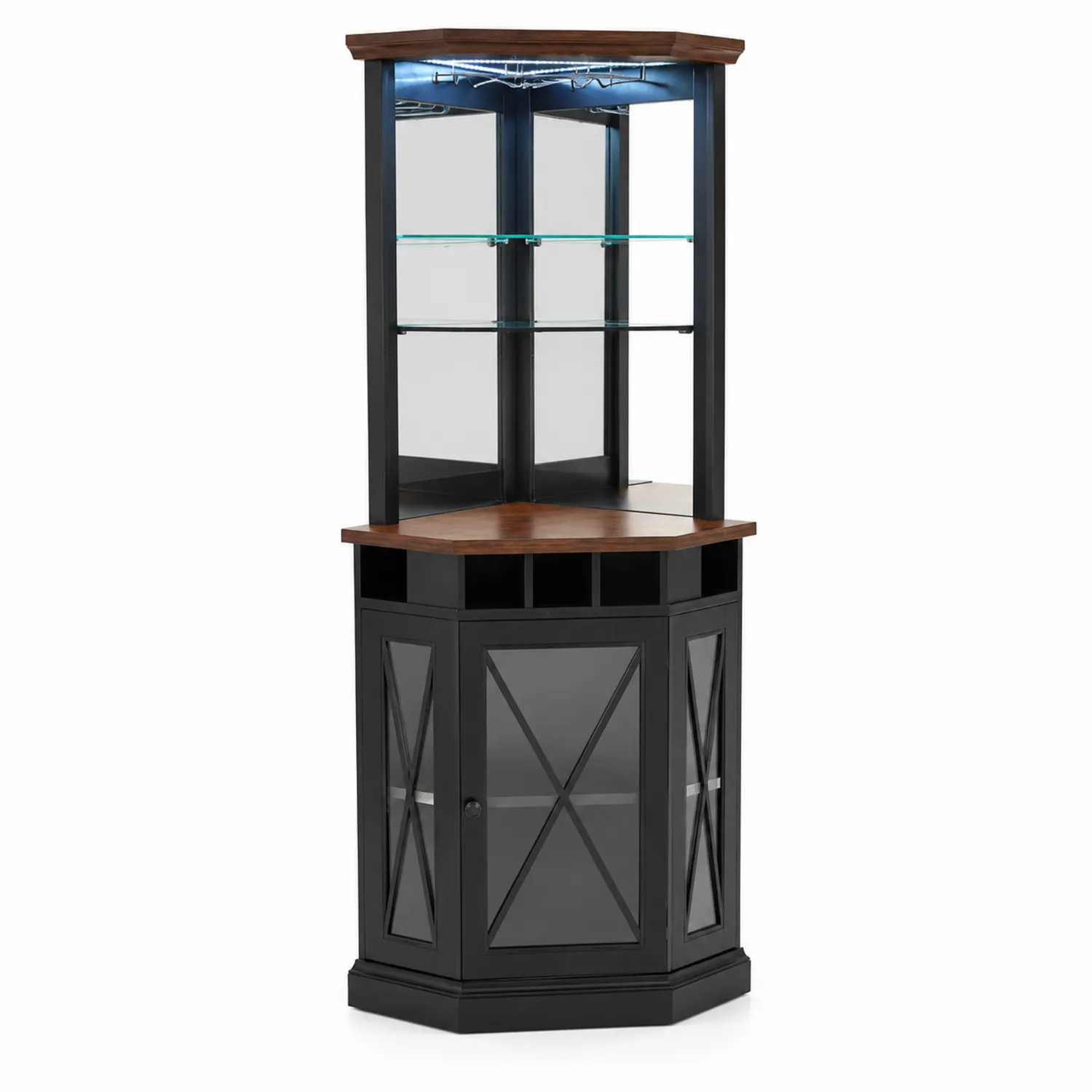 Vitrina Esquinera de Madera con Estantes de Vidrio Templado y LED-nestlumichic