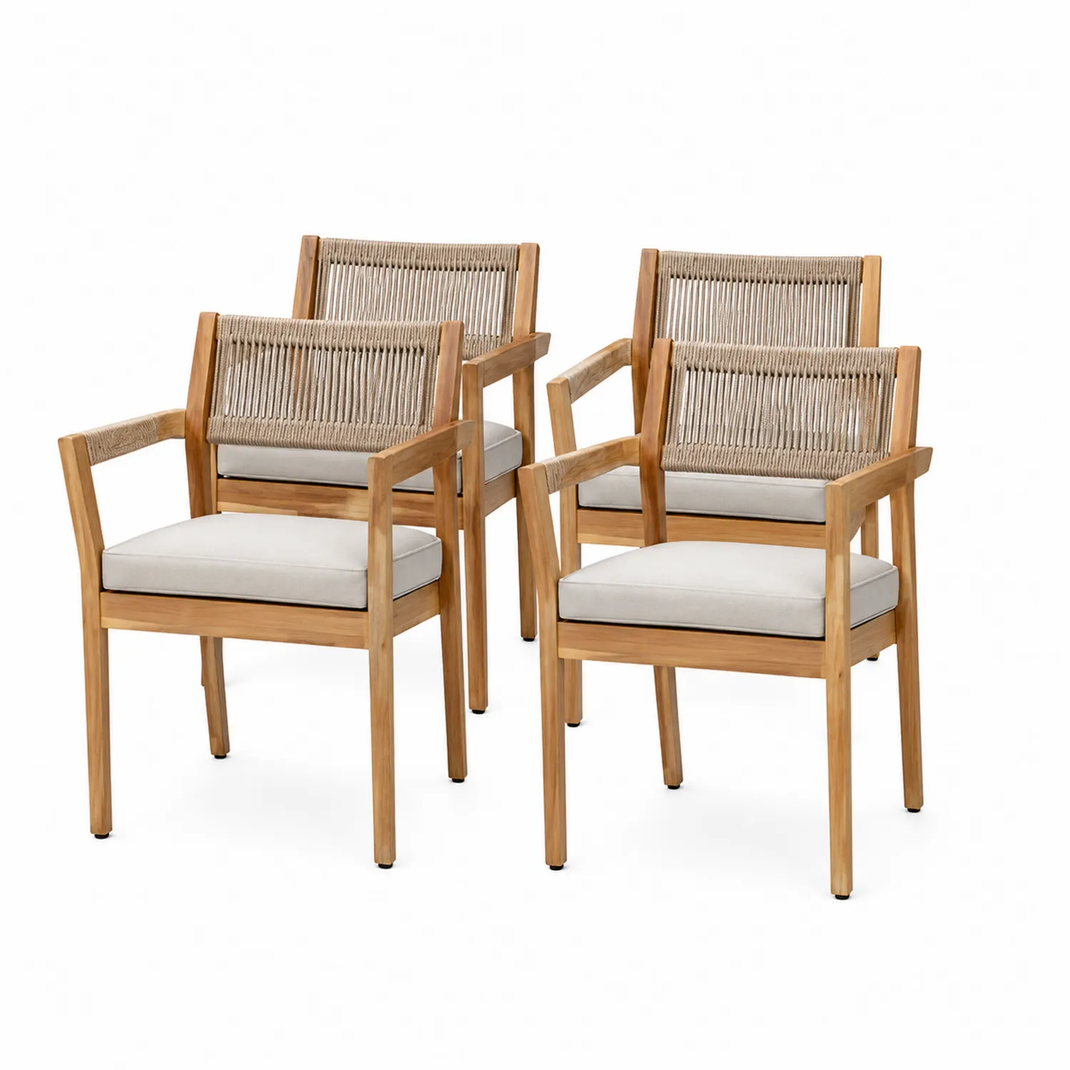 Conjunto de 4 Sillas de Madera de Teca con Respaldo de Cuerda y Cojines Beige-nestlumichic