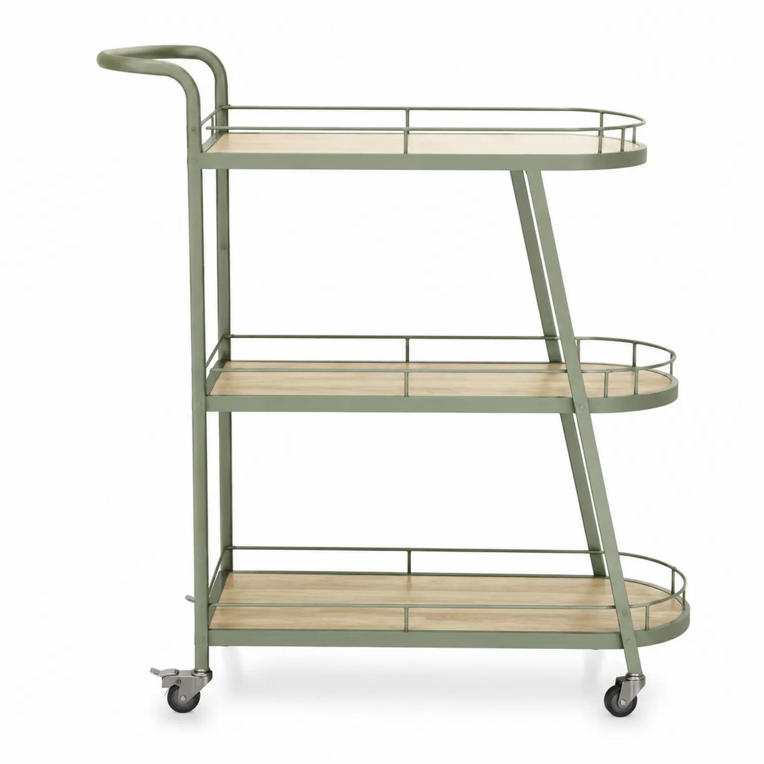 Carrito de metal verde con estantes de roble 80x40x90 cm-nestlumichic