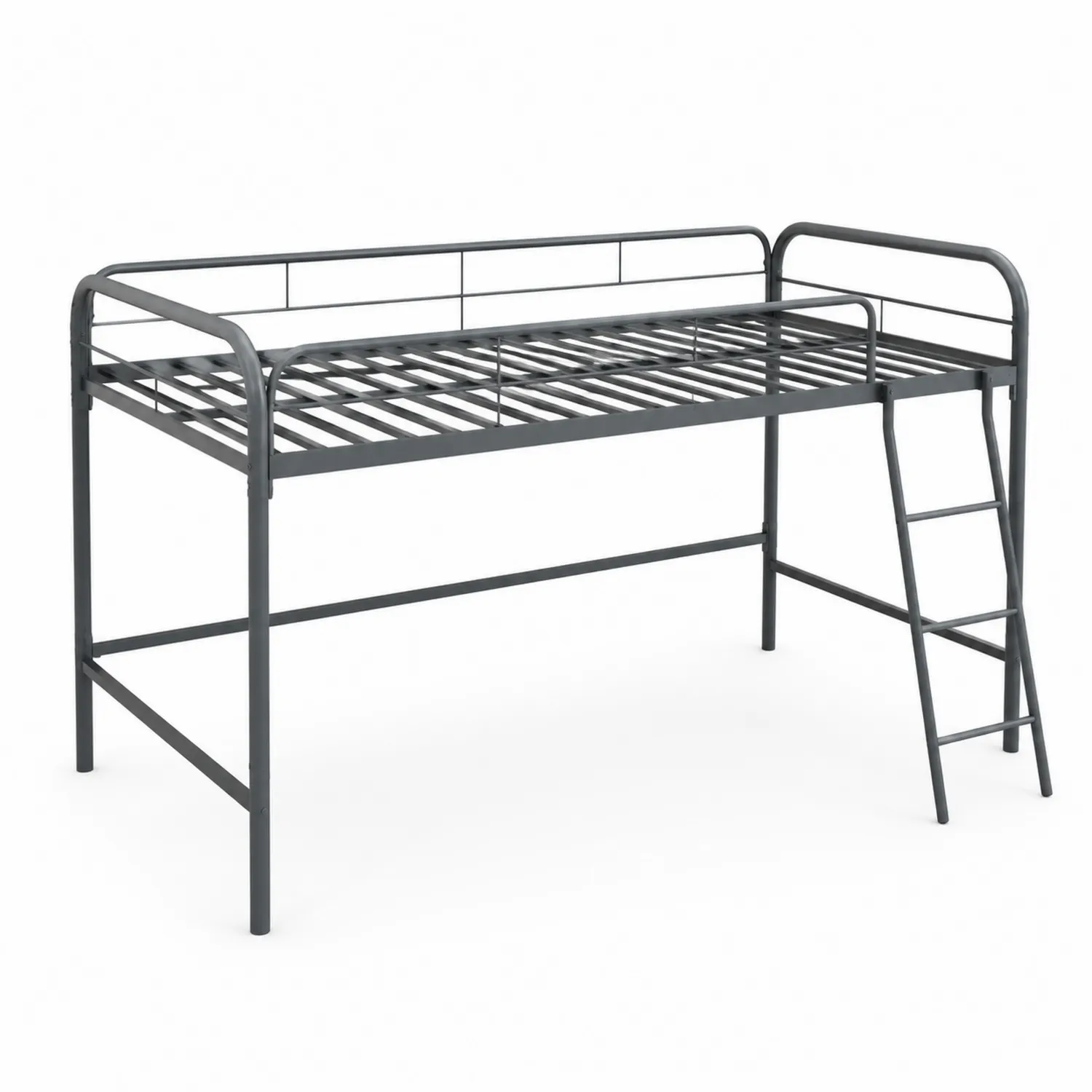 Cama alta de metal gris con escalera-nestlumichic
