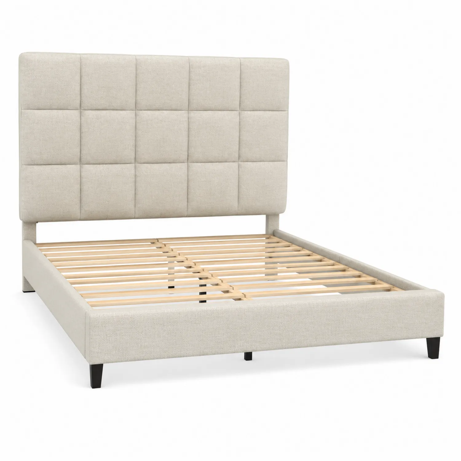 Cama doble tapizada en tela de poliéster beige con cabecero acolchado-nestlumichic