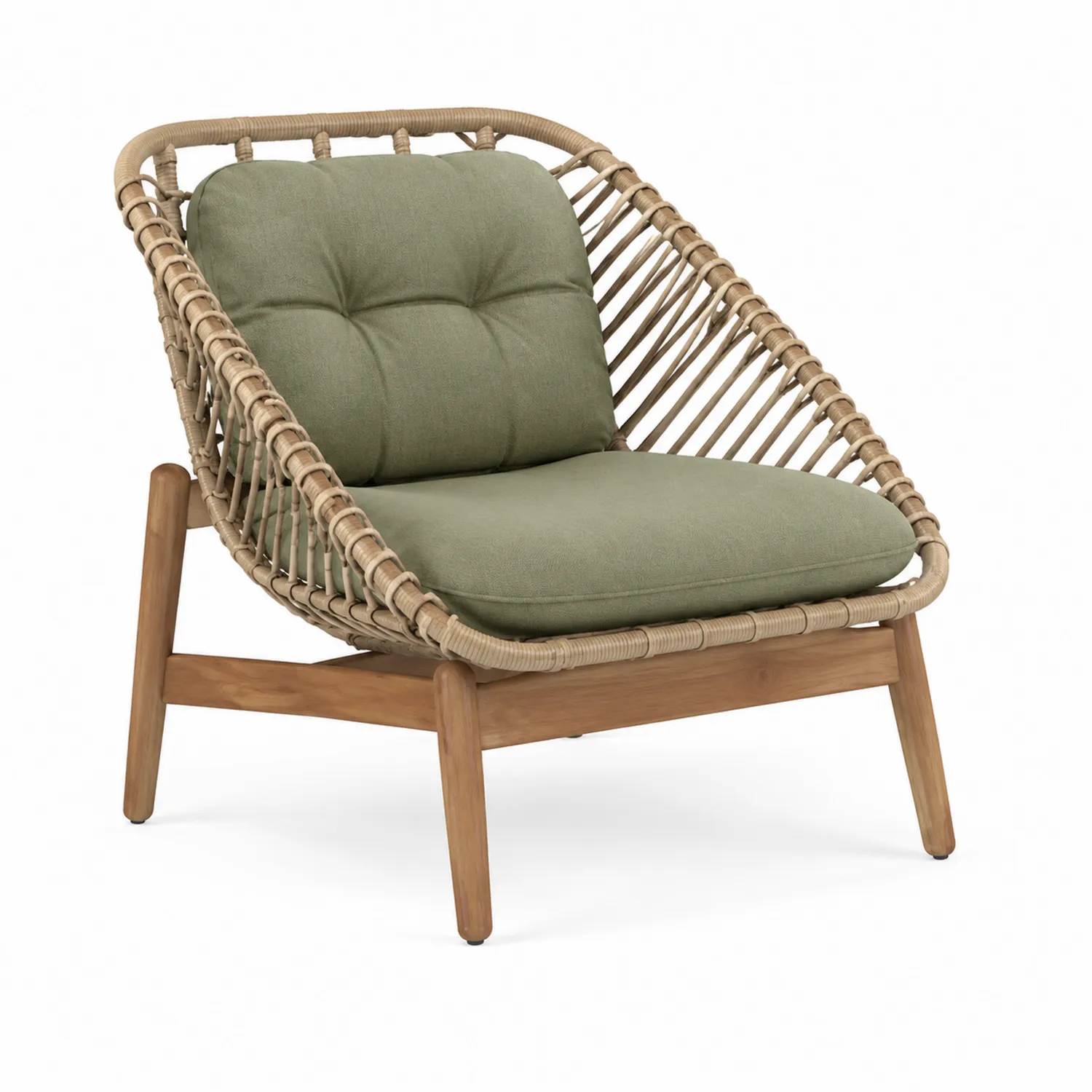 Sillón de ratán sintético y madera de teca con cojines verdes-nestlumichic
