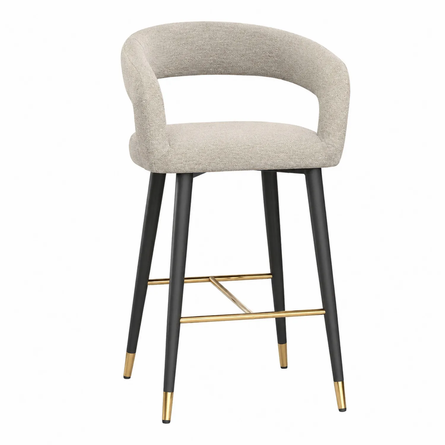 Taburete de lino beige con patas metálicas negras y detalles dorados-nestlumichic