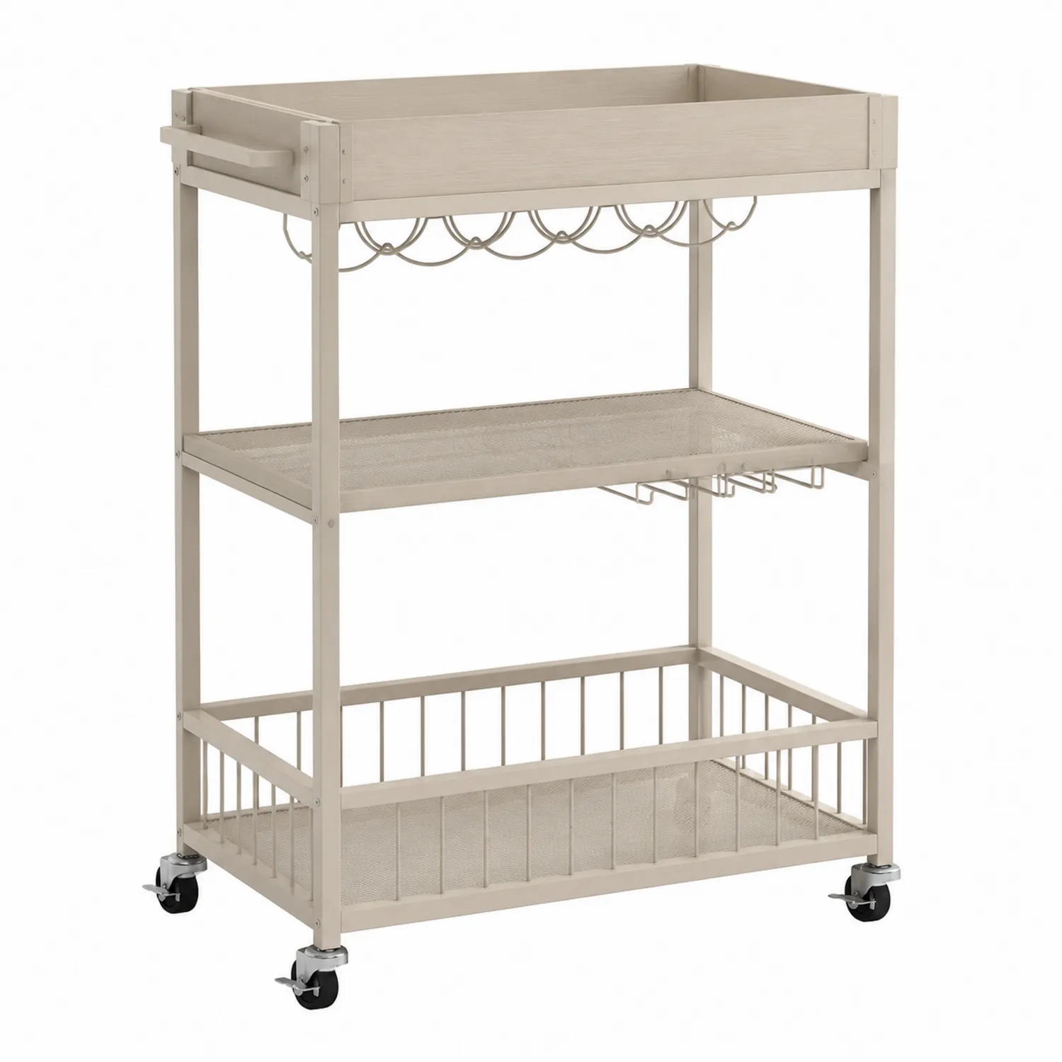 Carrito de Bar de Madera y Metal Beige con Estantes y Ruedas-nestlumichic