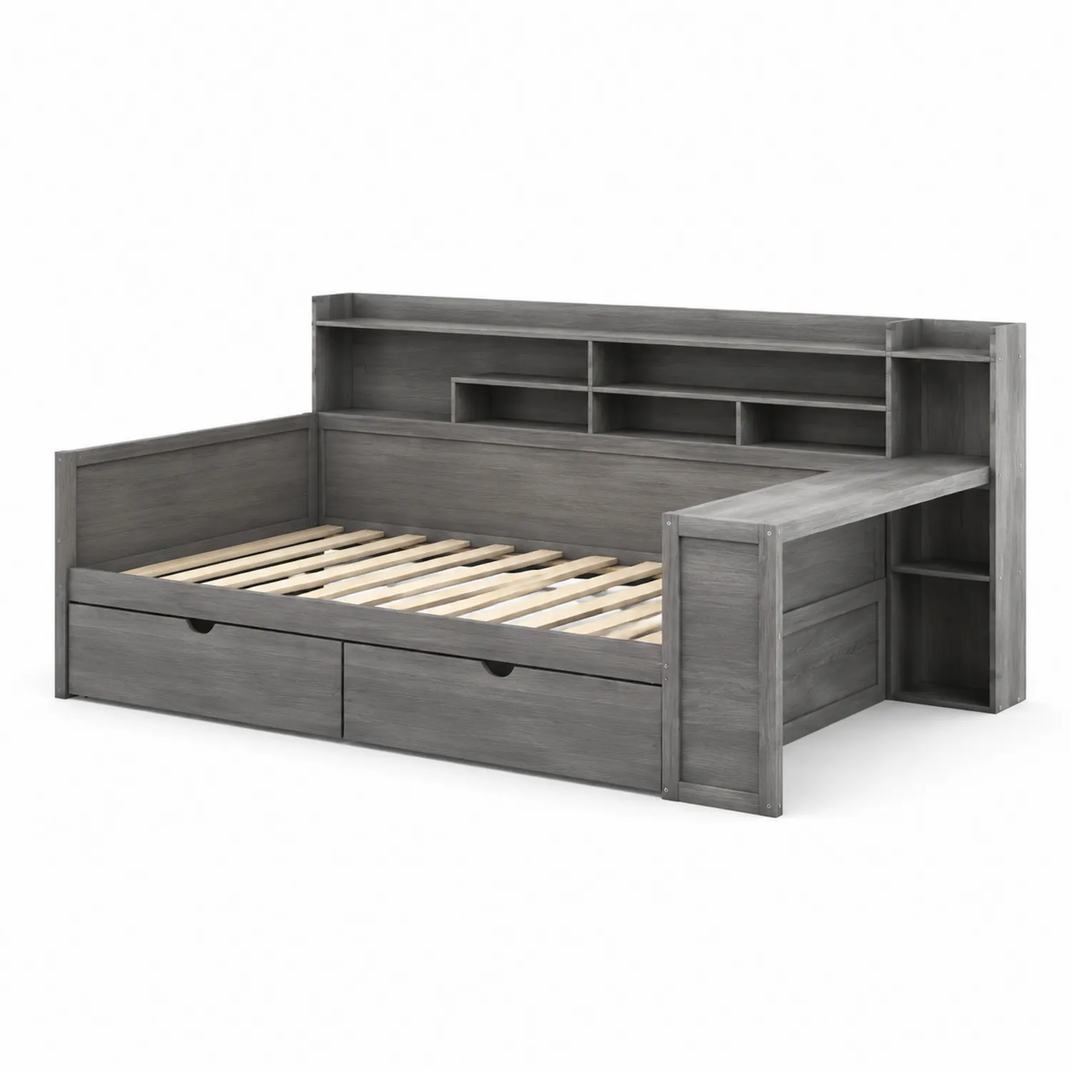 Cama diván de madera gris con almacenamiento y escritorio-nestlumichic