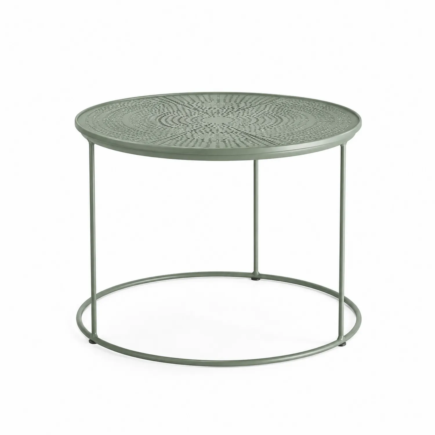 Mesa de centro redonda de acero verde con patrón perforado, diámetro 60 cm x altura 45 cm-nestlumichic