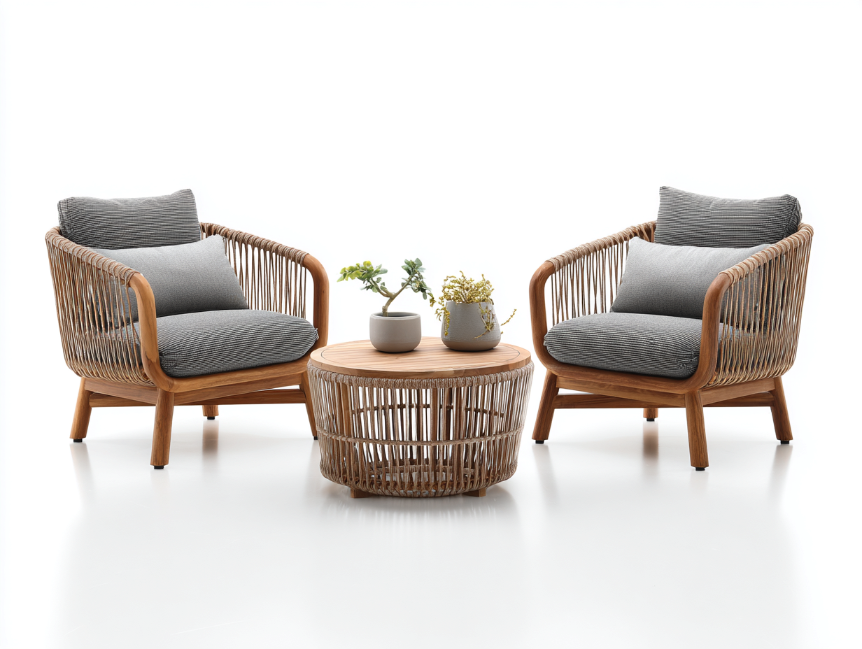 Garten Lounge Set Holz Rattan Stoff 60x60x75 cm Naturholz Grau - Mit Tisch - Modernes Design - geeignet für Garten-Mavexdadecor