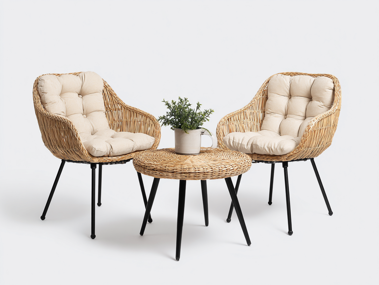 Garten Lounge Set Rattan Metall Stoff 65x65x80 cm Natur Beige Schwarz - Mit Tisch - Modernes Design - geeignet für Garten-Mavexdadecor