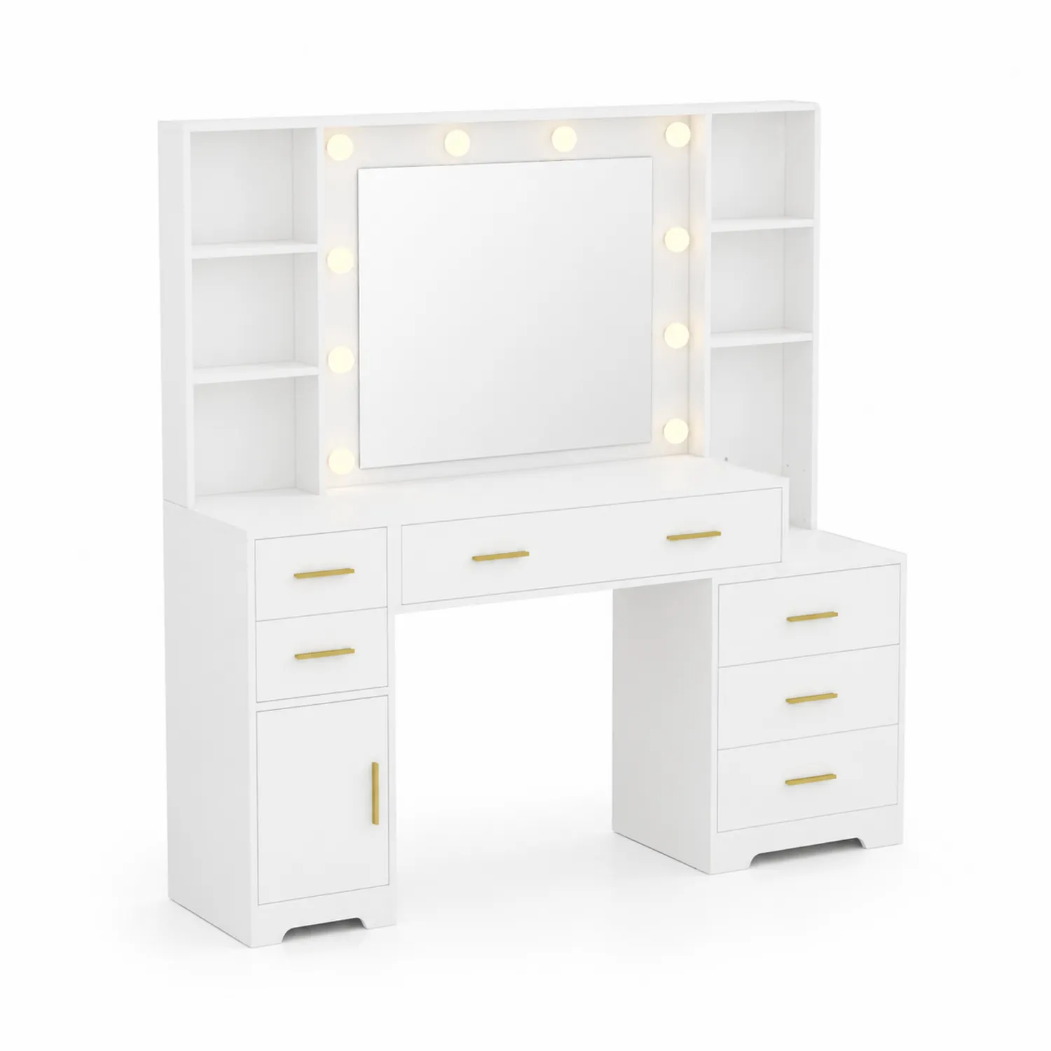 Tocador blanco con espejo LED y almacenamiento de madera