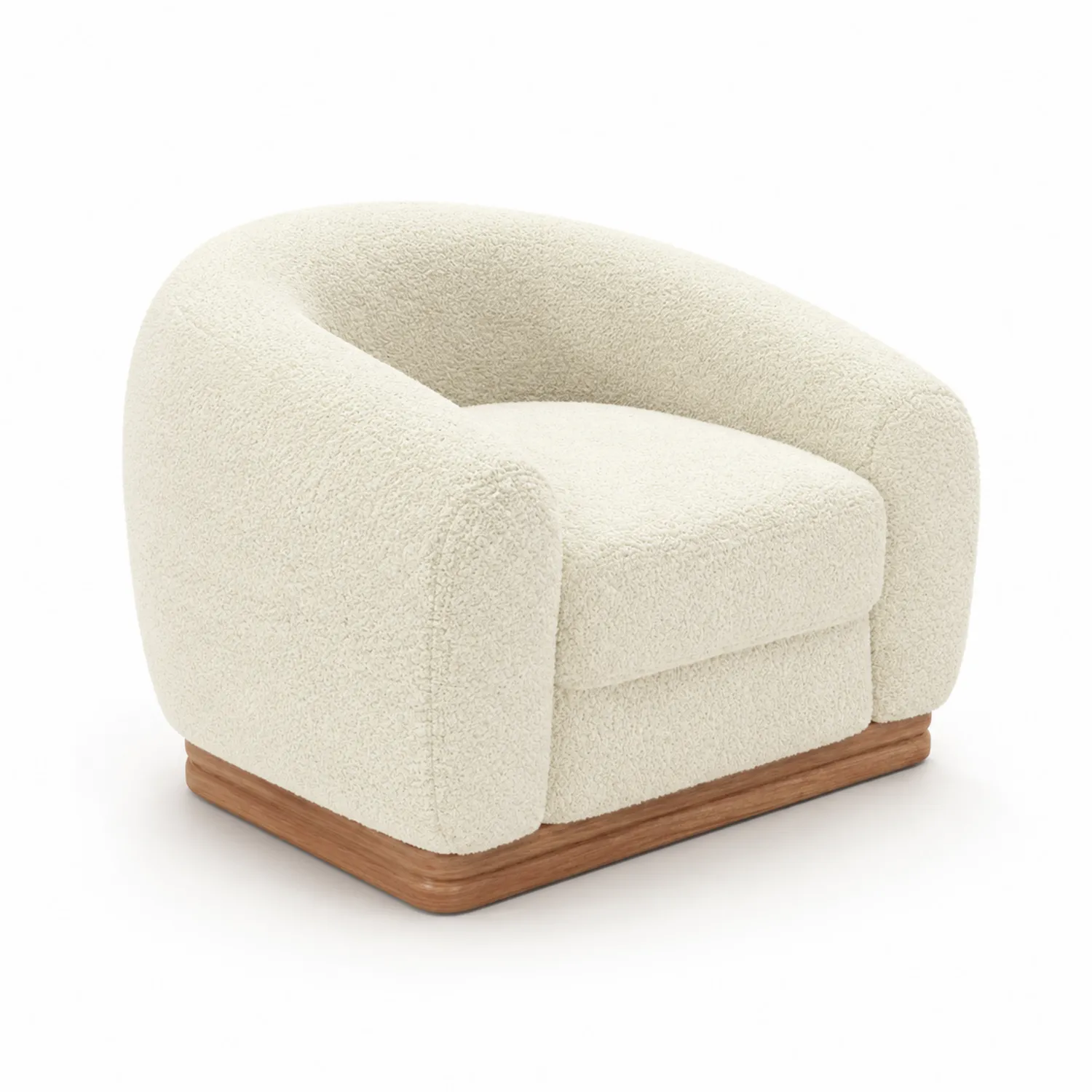 Sillón de bouclé beige con base de madera