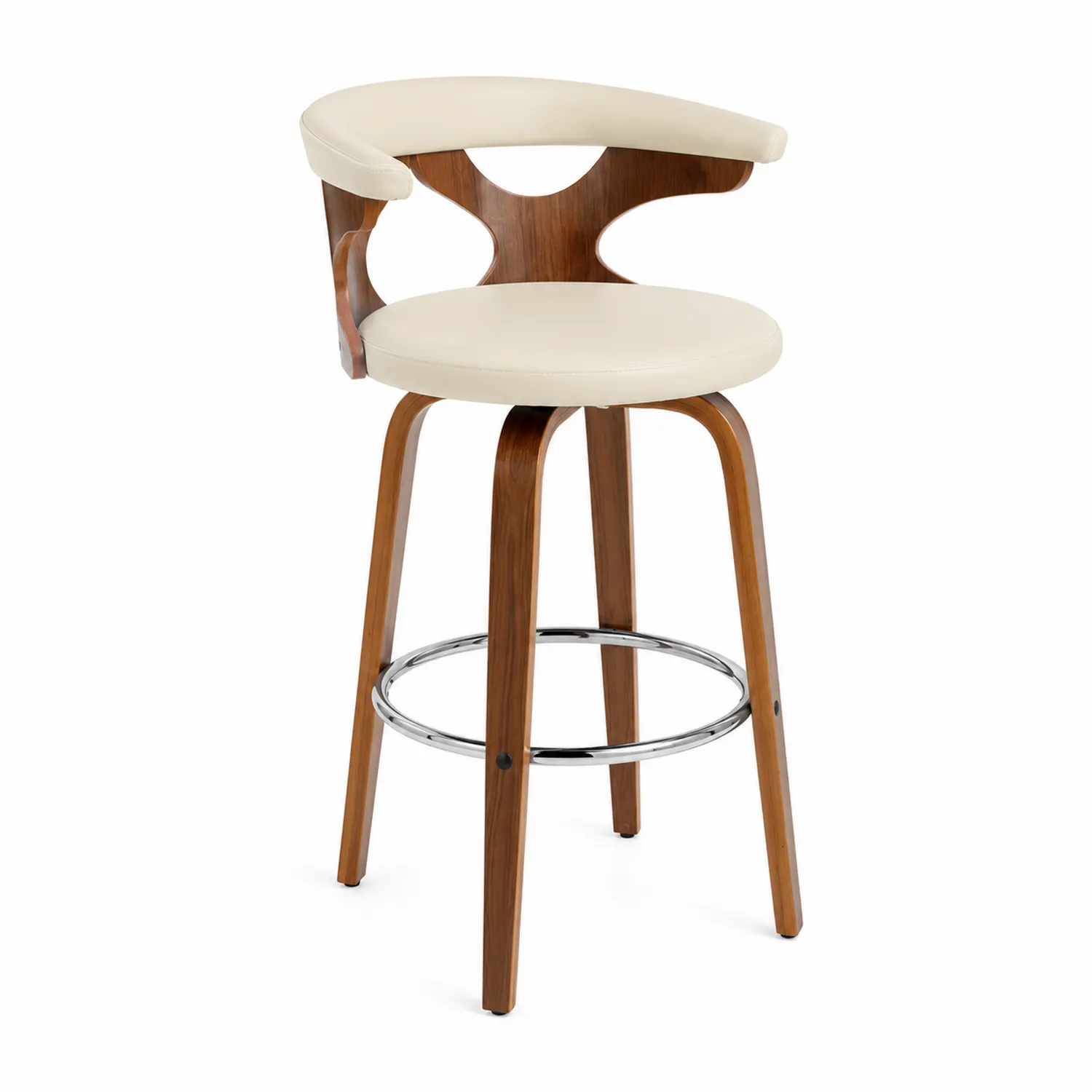 Taburete de bar de cuero sintético beige con patas de nogal