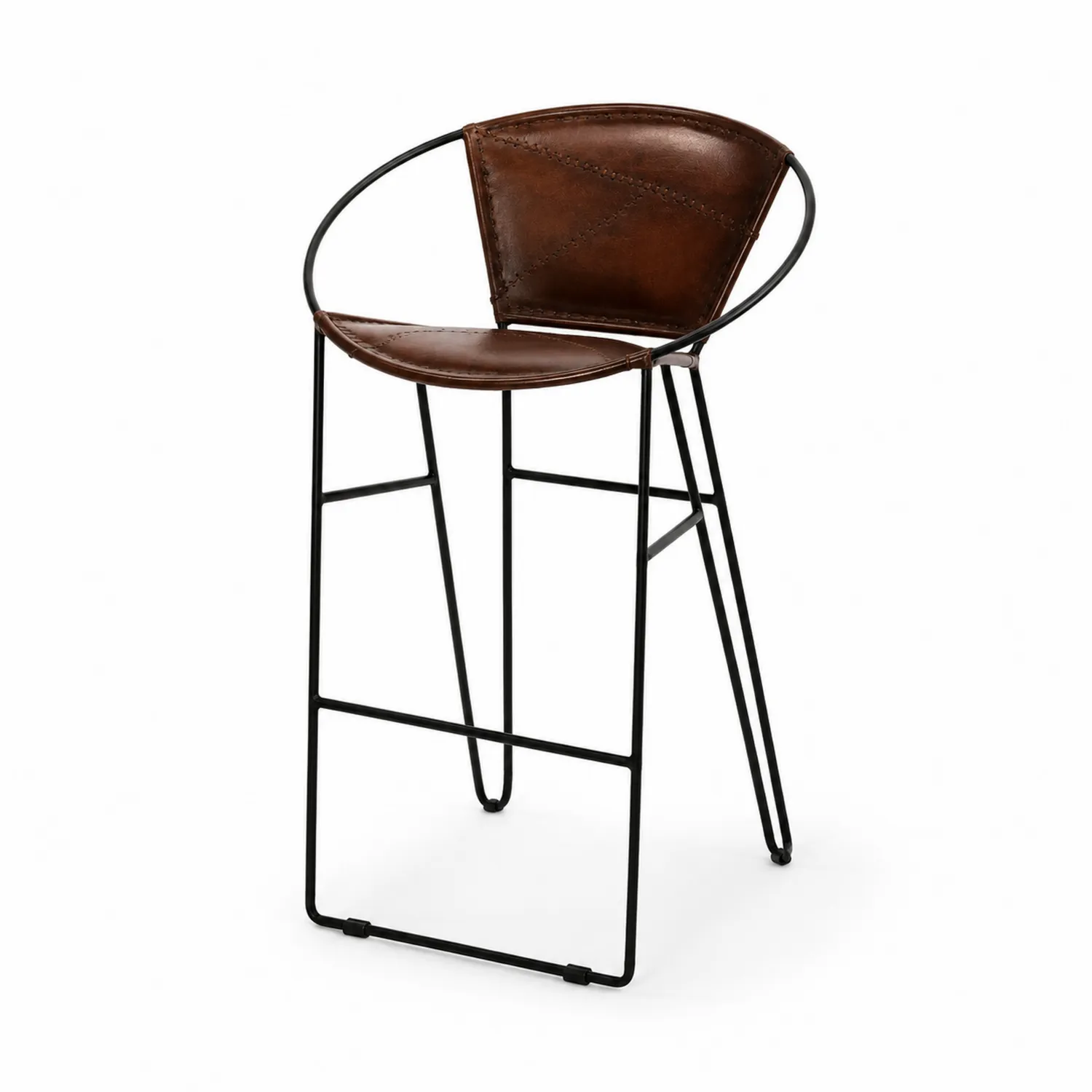 Taburete de metal con asiento de cuero sintético marrón
