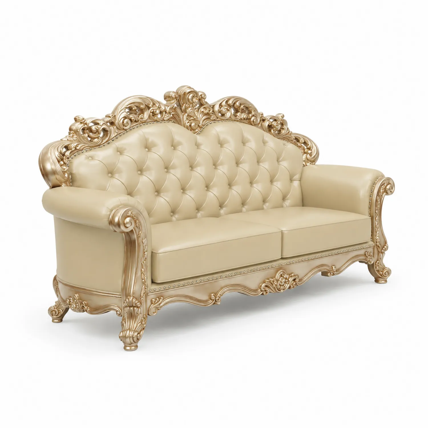 Sofá de Tres Plazas en Cuero Sintético con Marco de Madera Tallada, Dorado Beige, 200cm