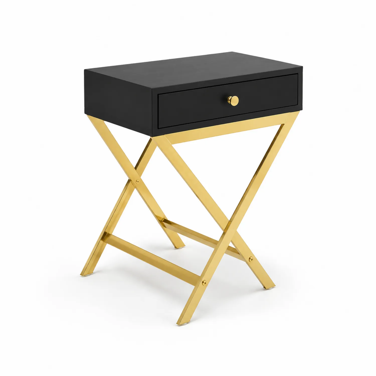 Mesa auxiliar negra con patas de metal dorado