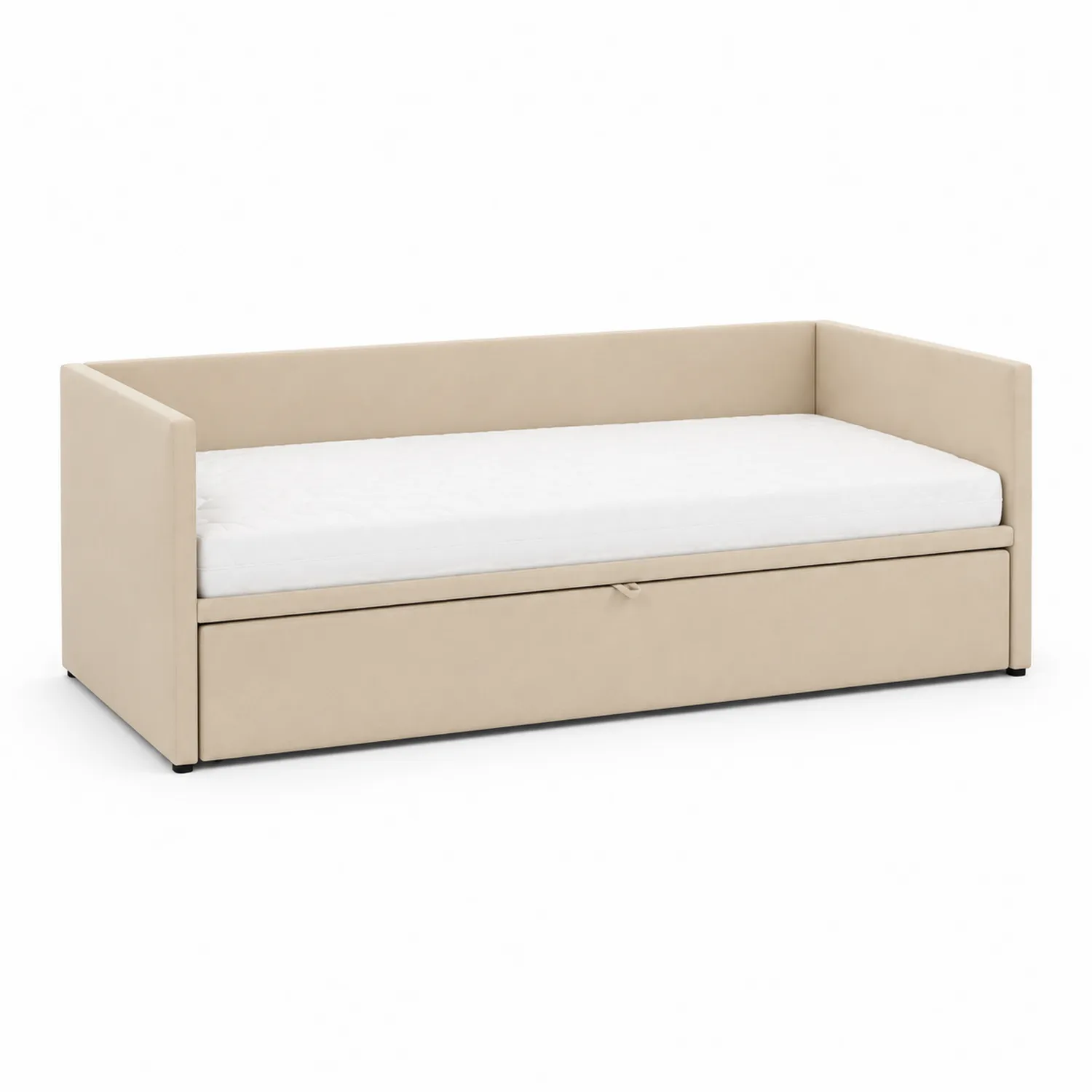 Sofá cama de madera contrachapada y cuero sintético beige con almacenamiento 200x90x75 cm