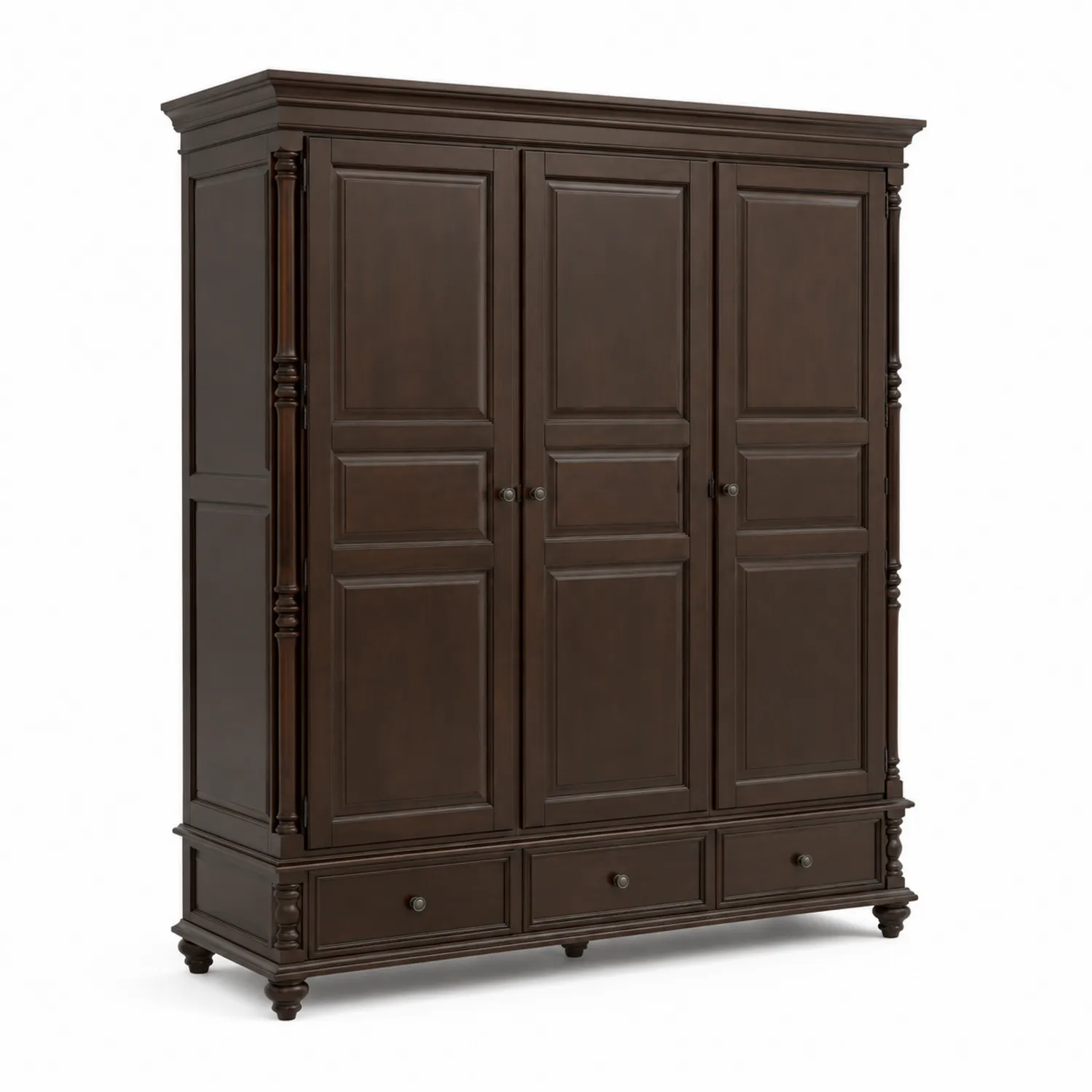 Armario de Madera Maciza con 3 Puertas y 3 Cajones, Marrón Oscuro